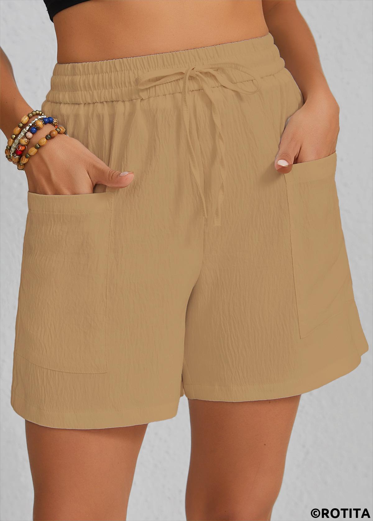 Light Camel bottoms,Plain Color bottoms,Pocket Light Camel Elastic Waist High Waisted Shorts