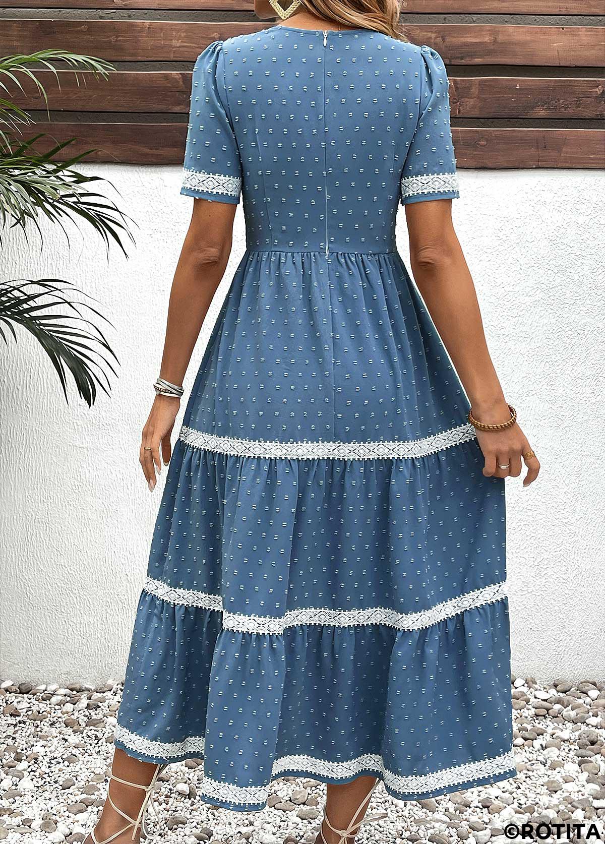 Dusty Blue dresses,Plain Color dresses,Everyday dresses,Casual dresses,ROTITA Embroidery Dusty Blue V Neck Short Sleeve Dress
