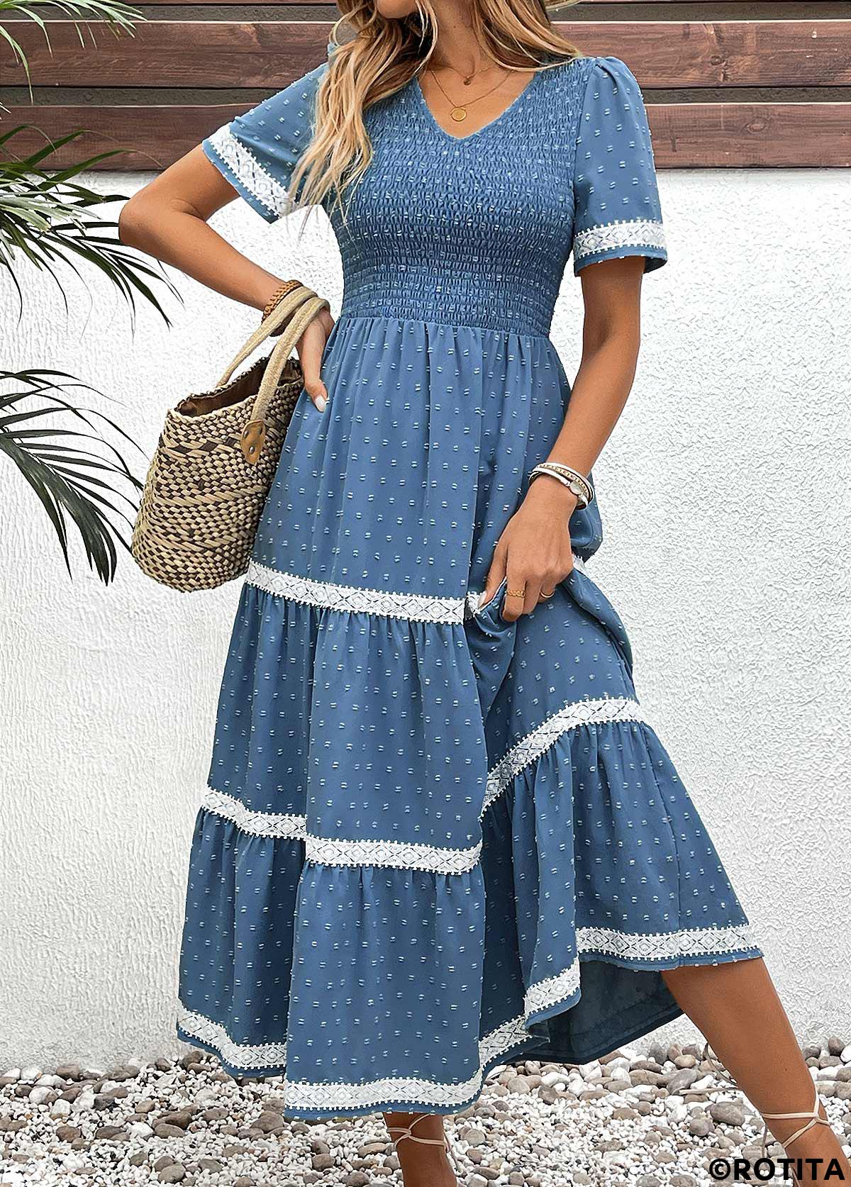 Dusty Blue dresses,Plain Color dresses,Everyday dresses,Casual dresses,ROTITA Embroidery Dusty Blue V Neck Short Sleeve Dress