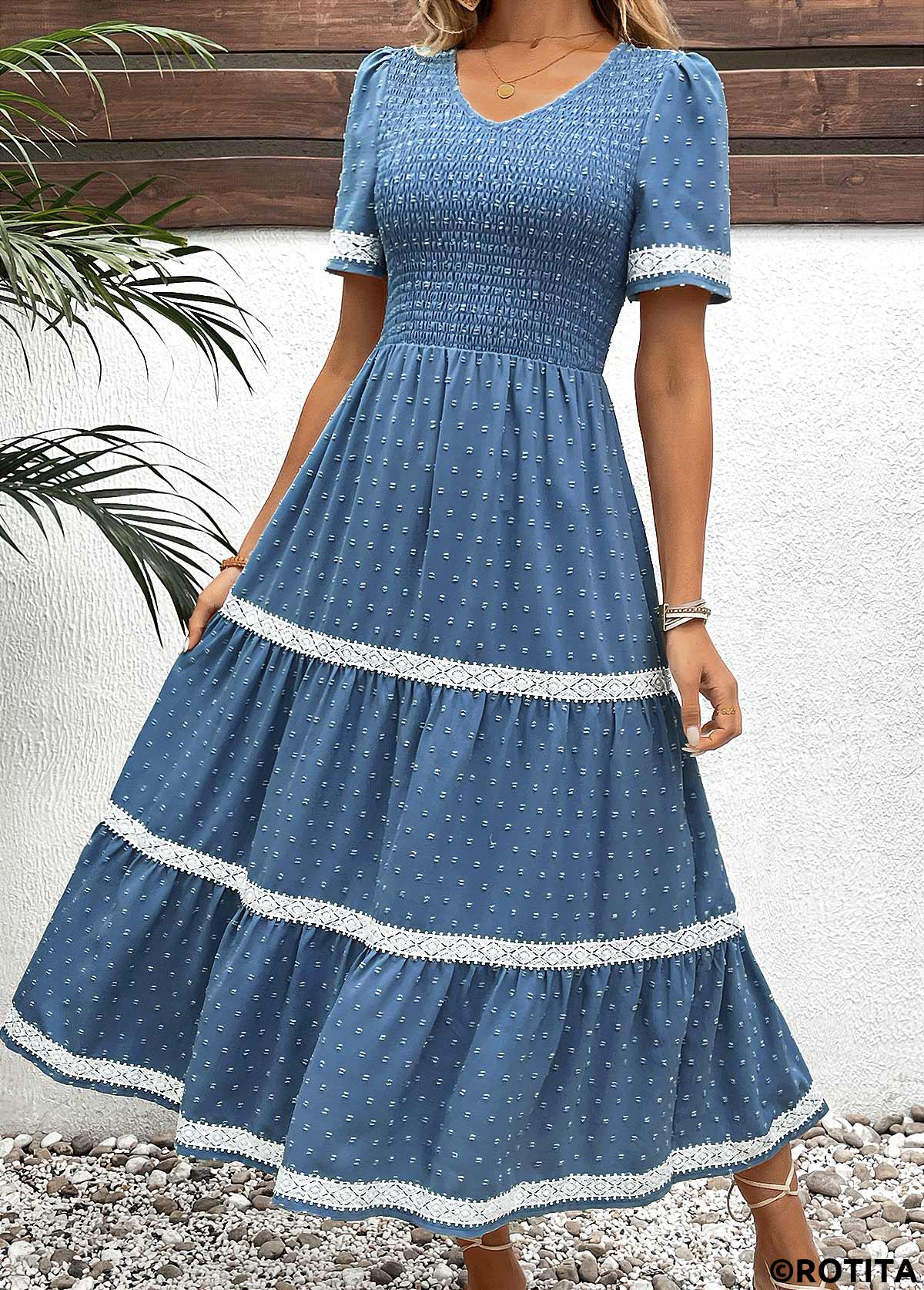 Dusty Blue dresses,Plain Color dresses,Everyday dresses,Casual dresses,ROTITA Embroidery Dusty Blue V Neck Short Sleeve Dress