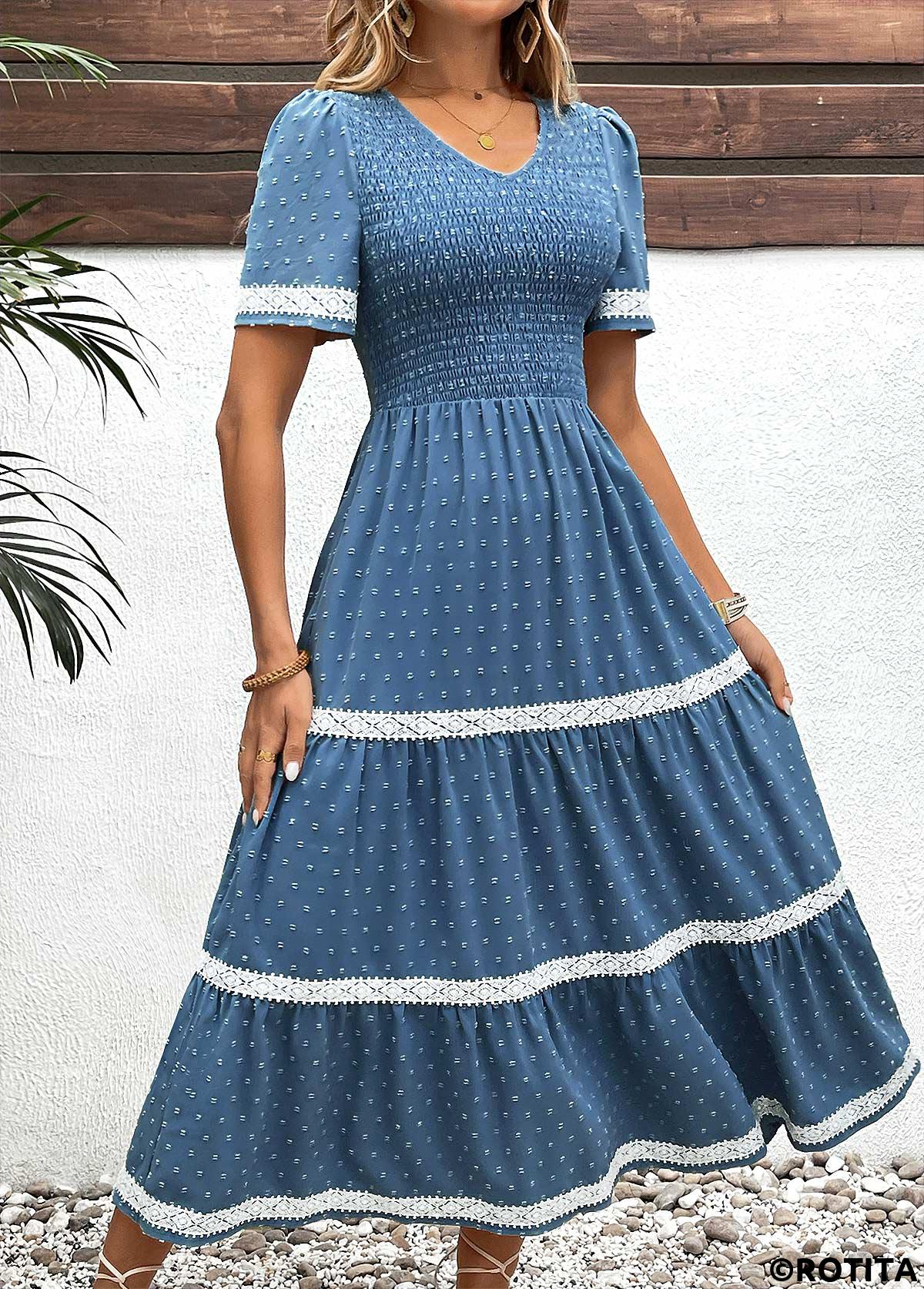 Dusty Blue dresses,Plain Color dresses,Everyday dresses,Casual dresses,ROTITA Embroidery Dusty Blue V Neck Short Sleeve Dress