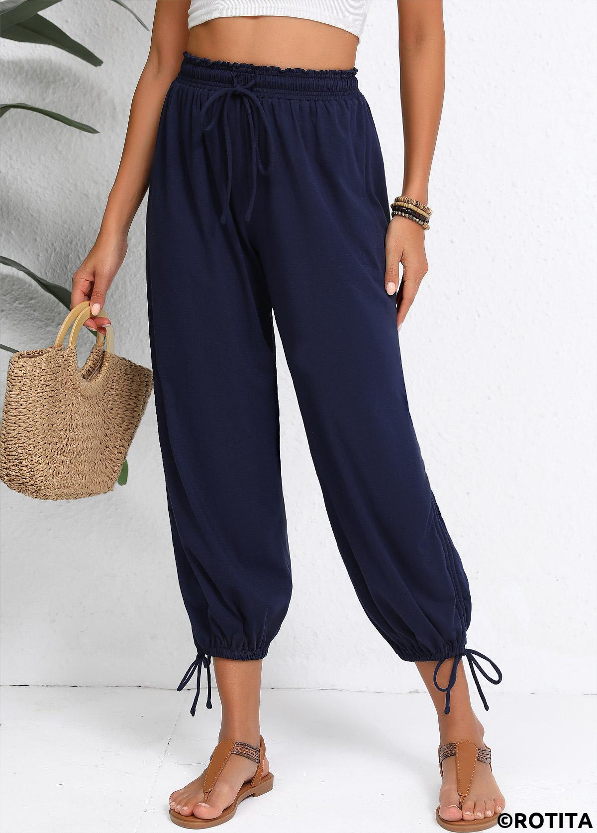 Navy bottoms,Plain Color bottoms,Navy Jogger Elastic Waist High Waisted Pants