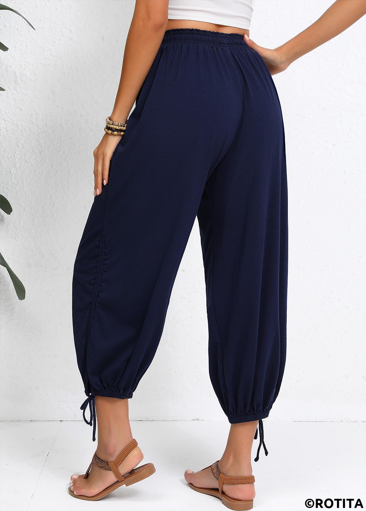 Navy bottoms,Plain Color bottoms,Navy Jogger Elastic Waist High Waisted Pants