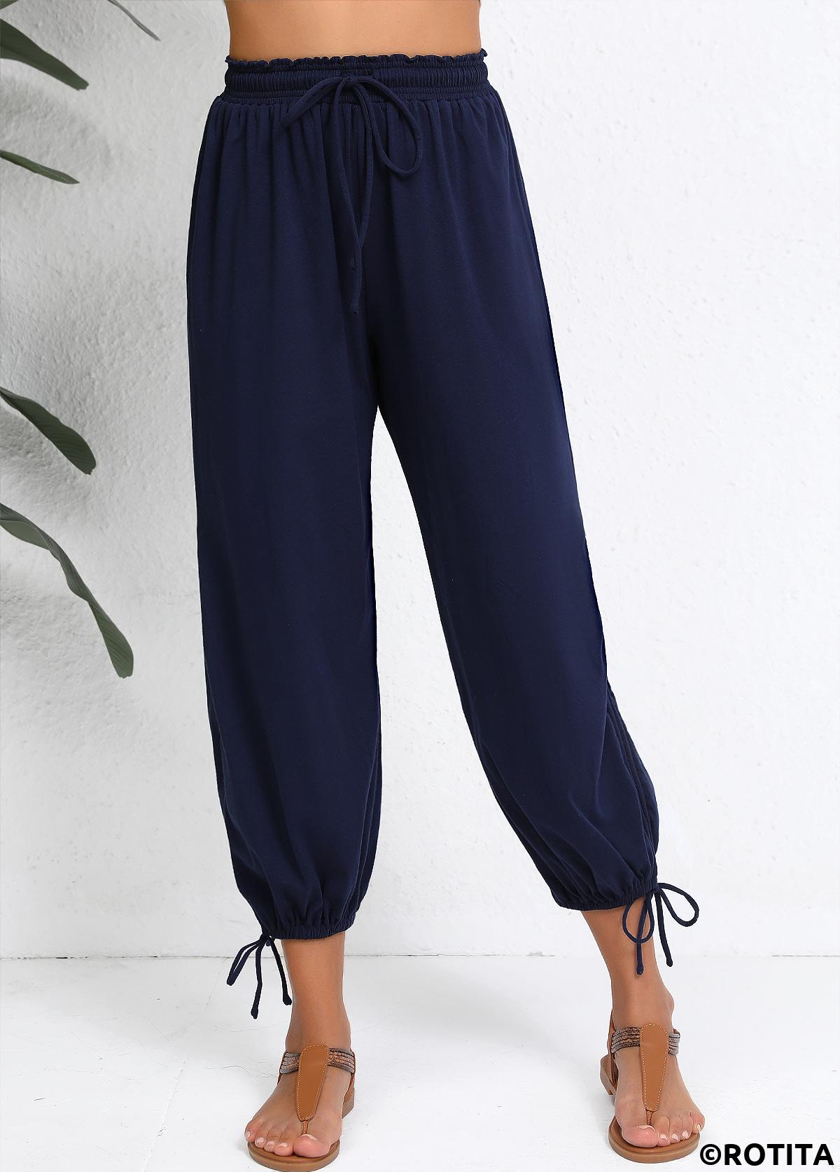 Navy bottoms,Plain Color bottoms,Navy Jogger Elastic Waist High Waisted Pants