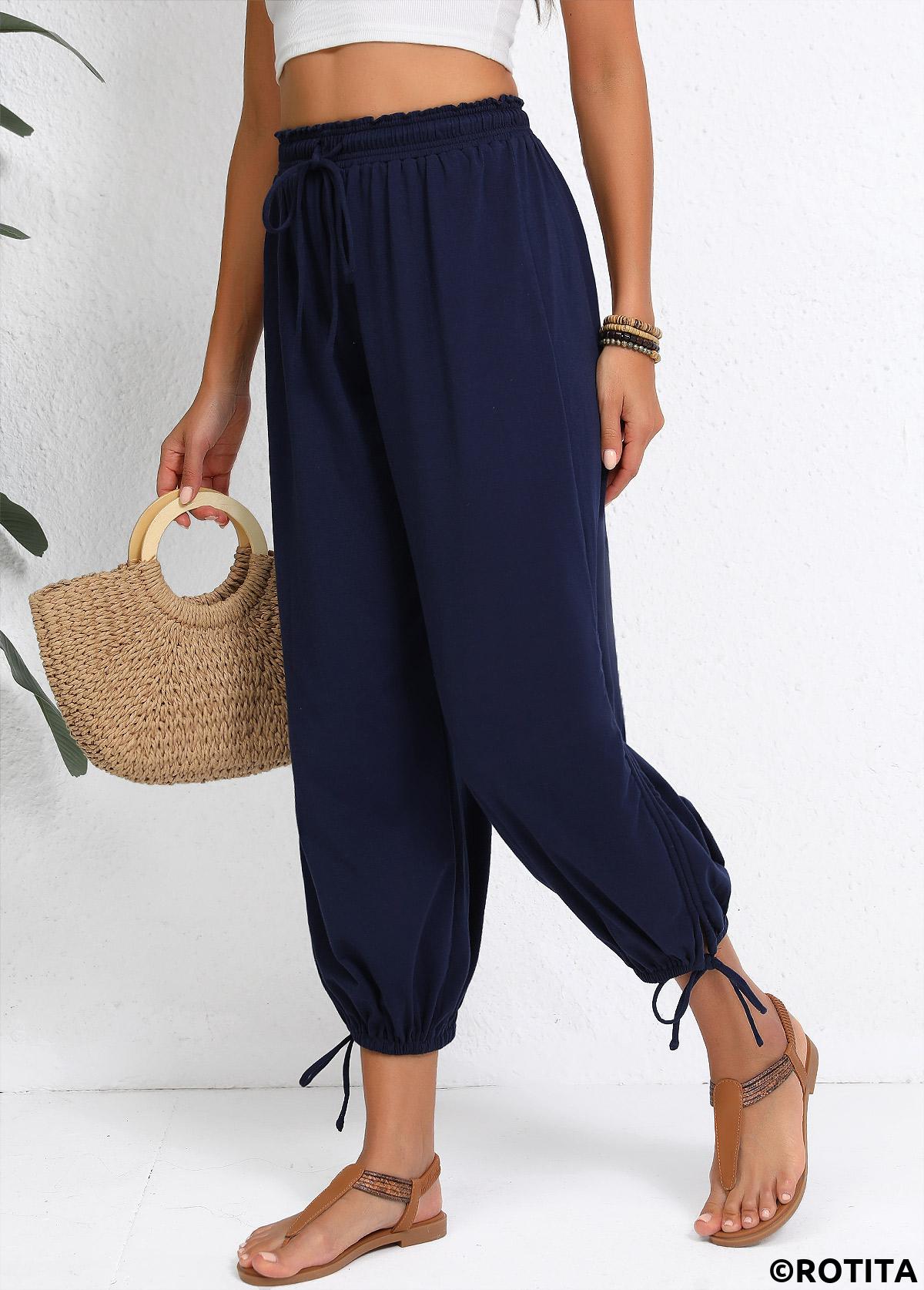 Navy bottoms,Plain Color bottoms,Navy Jogger Elastic Waist High Waisted Pants