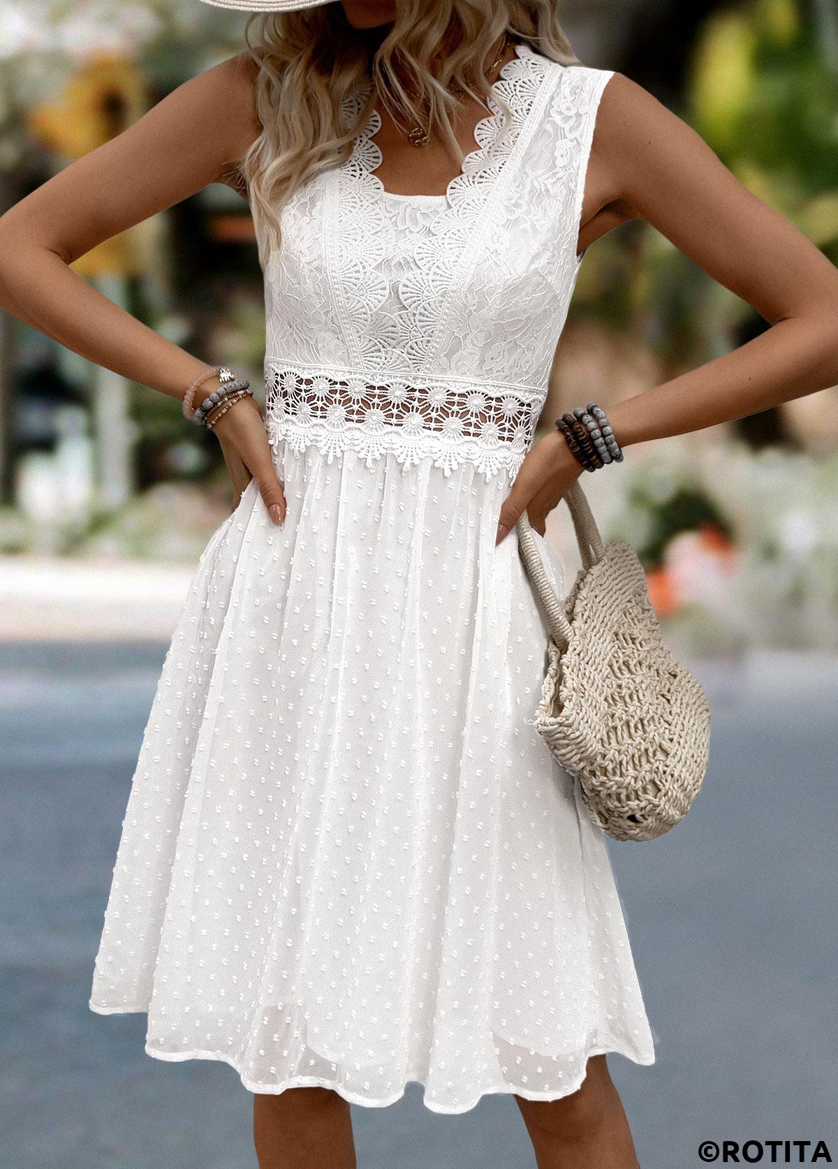 White dresses,Plain Color dresses,Vacation dresses,Vacation dresses,ROTITA White Patchwork V Neck Sleeveless Dress