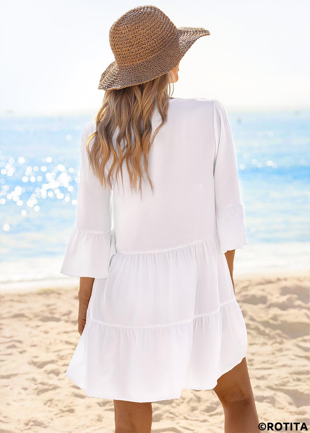 White swimwear,Plain Color swimwear,ROTITA V Neck White Color Cover Up