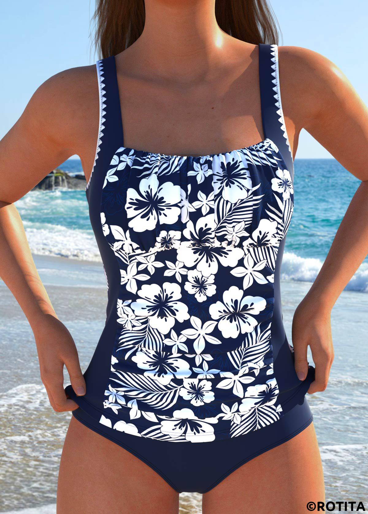 Navy swimwear,Floral swimwear,Plants swimwear,ROTITA Cut Out Navy Floral Print Mid Waisted Tankini Set