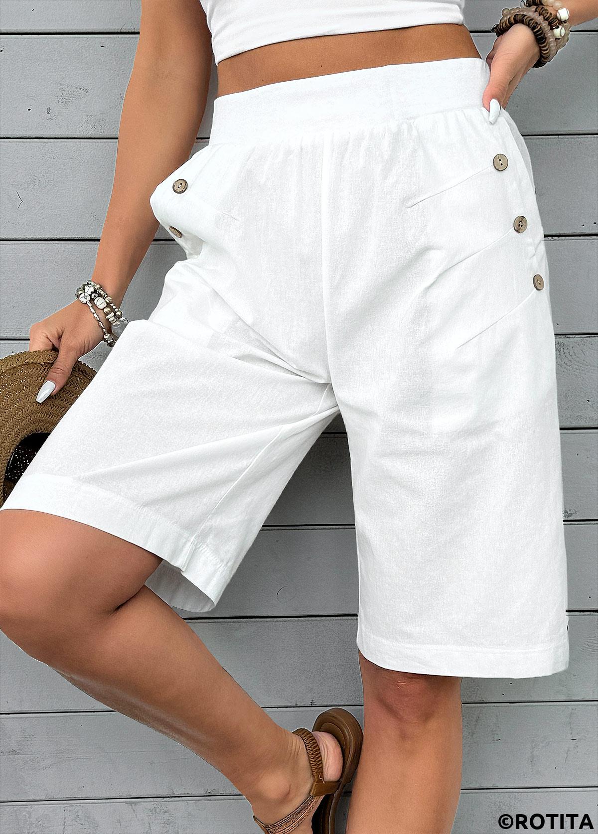 White bottoms,Plain Color bottoms,White Straight Leg Elastic Waist High Waisted Shorts
