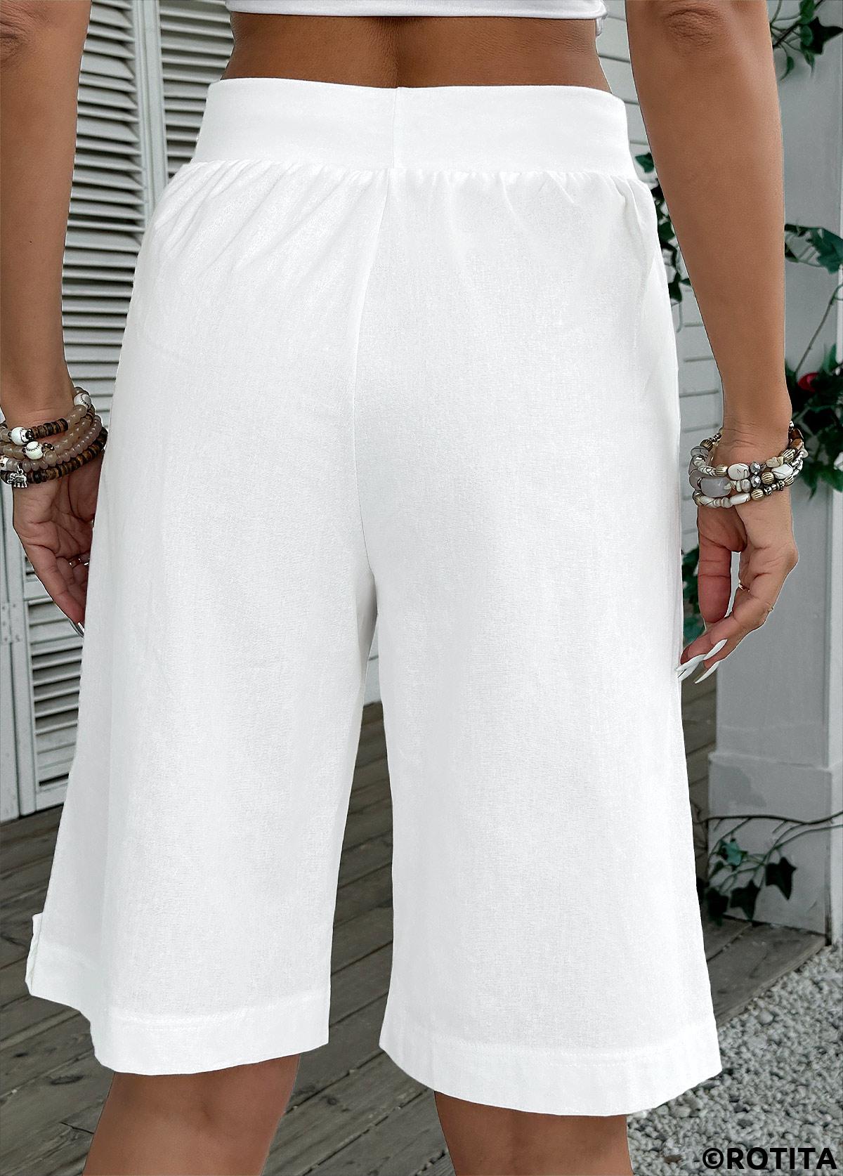 White bottoms,Plain Color bottoms,White Straight Leg Elastic Waist High Waisted Shorts