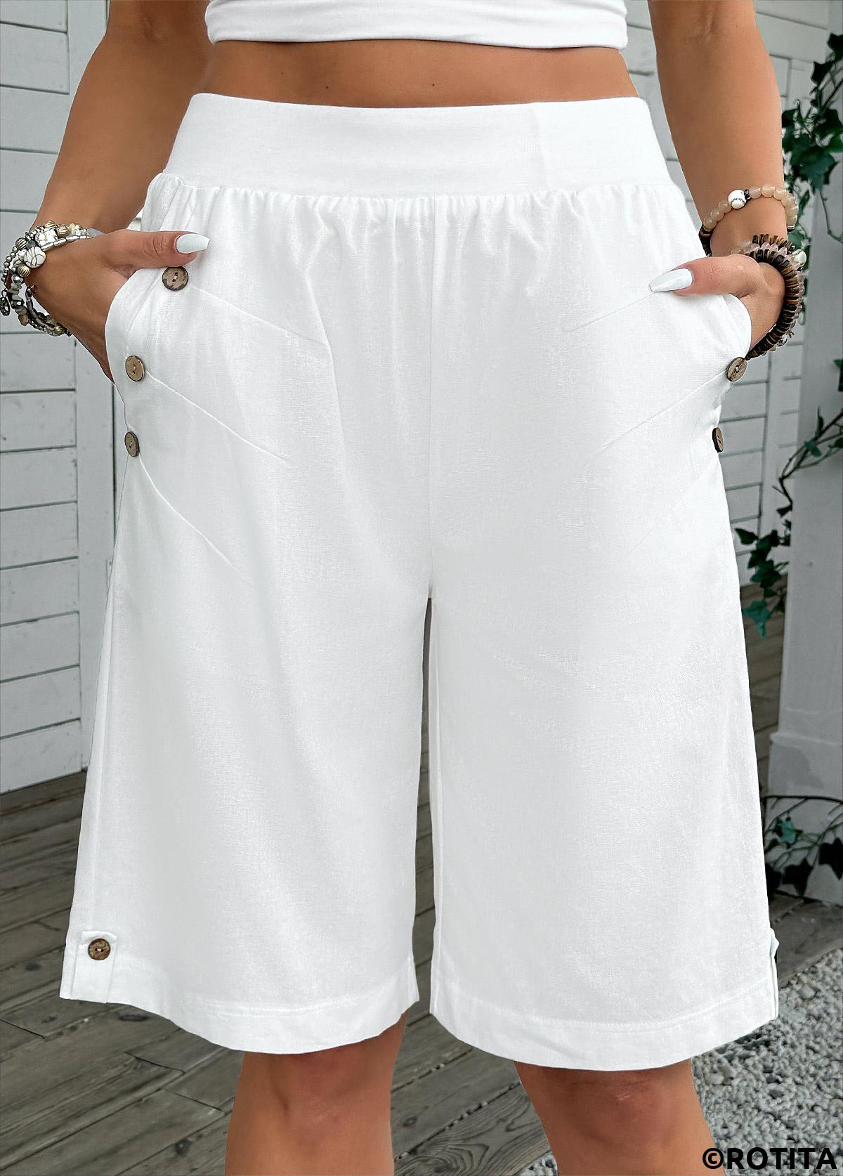 White bottoms,Plain Color bottoms,White Straight Leg Elastic Waist High Waisted Shorts