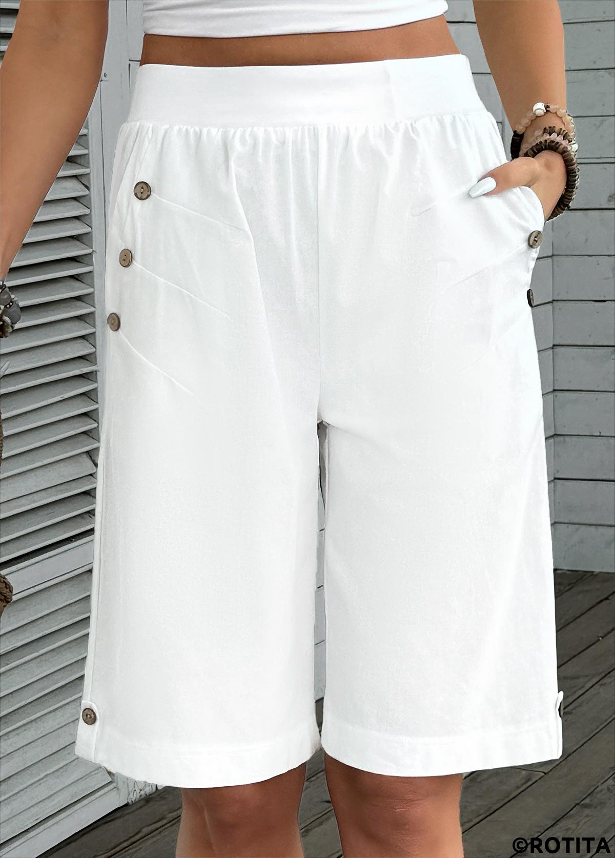 White bottoms,Plain Color bottoms,White Straight Leg Elastic Waist High Waisted Shorts