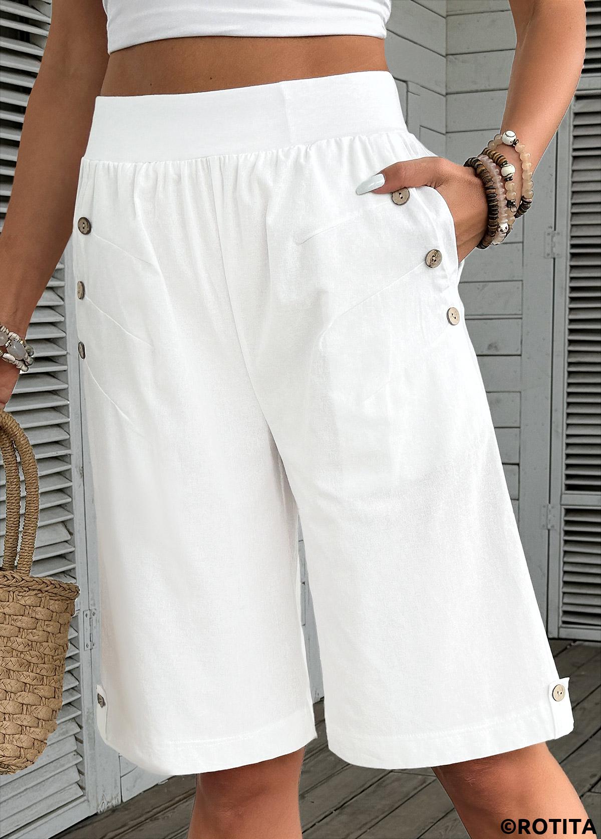 White bottoms,Plain Color bottoms,White Straight Leg Elastic Waist High Waisted Shorts