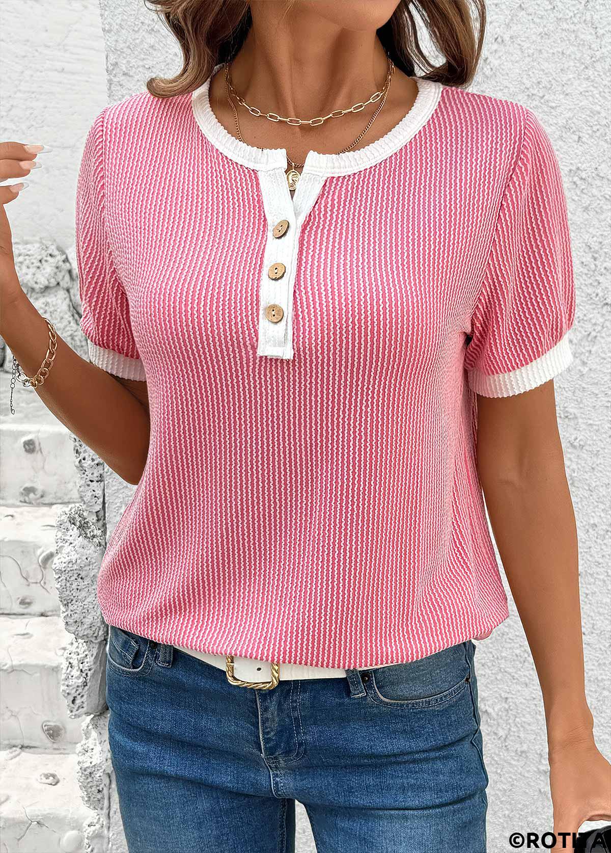 Pink tops,Contrast Color tops,ROTITA Pink Split Neck Short Sleeve T Shirt
