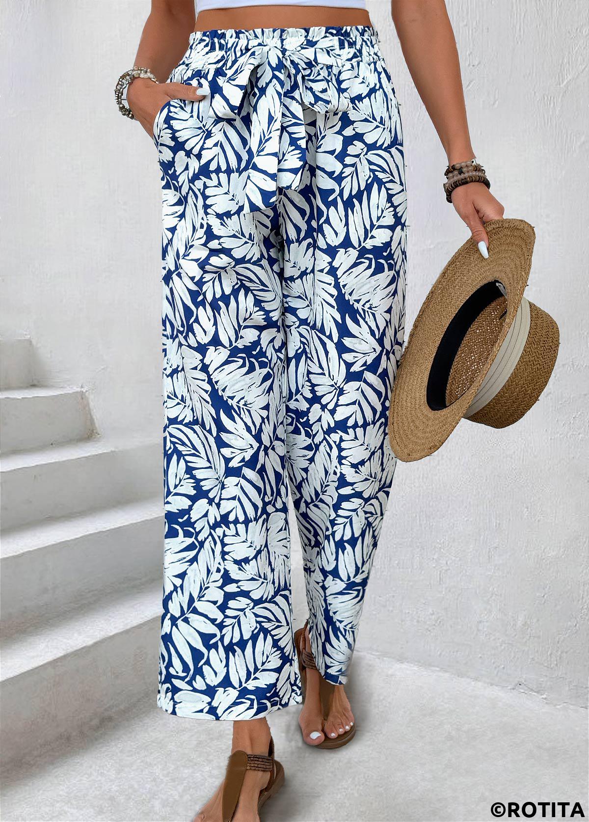 Navy bottoms,Plants bottoms,Leaf Print Navy Straight Leg Elastic Waist Pants