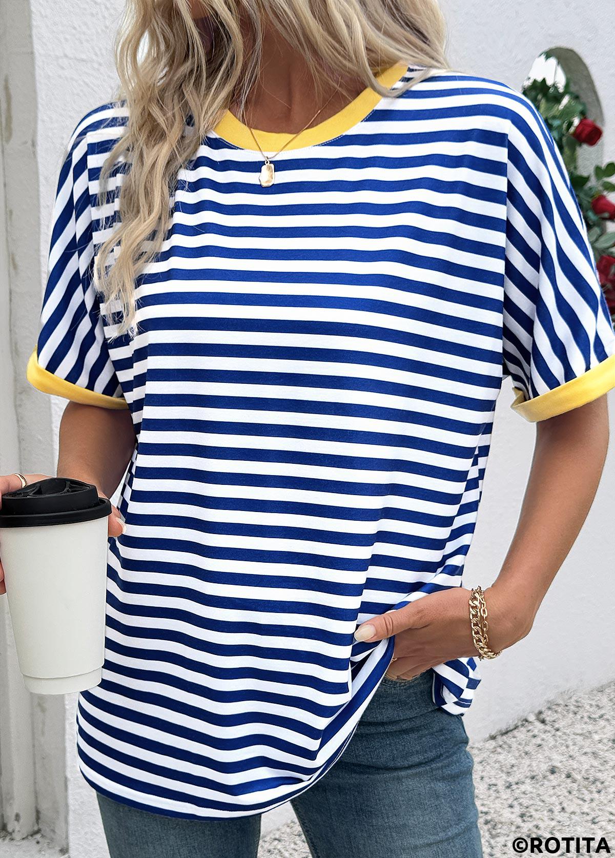 Blue tops,Striped tops,Geometric tops,ROTITA Striped Blue Round Neck Short Sleeve T Shirt
