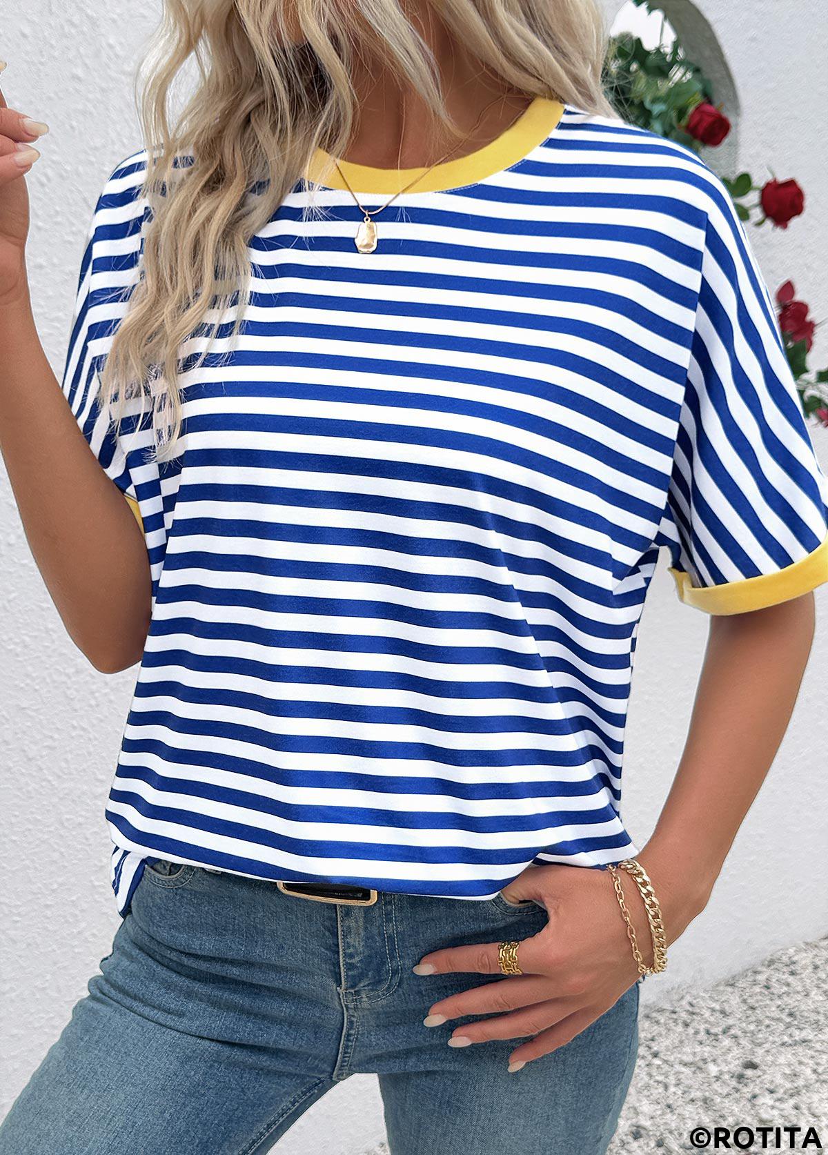 Blue tops,Striped tops,Geometric tops,ROTITA Striped Blue Round Neck Short Sleeve T Shirt