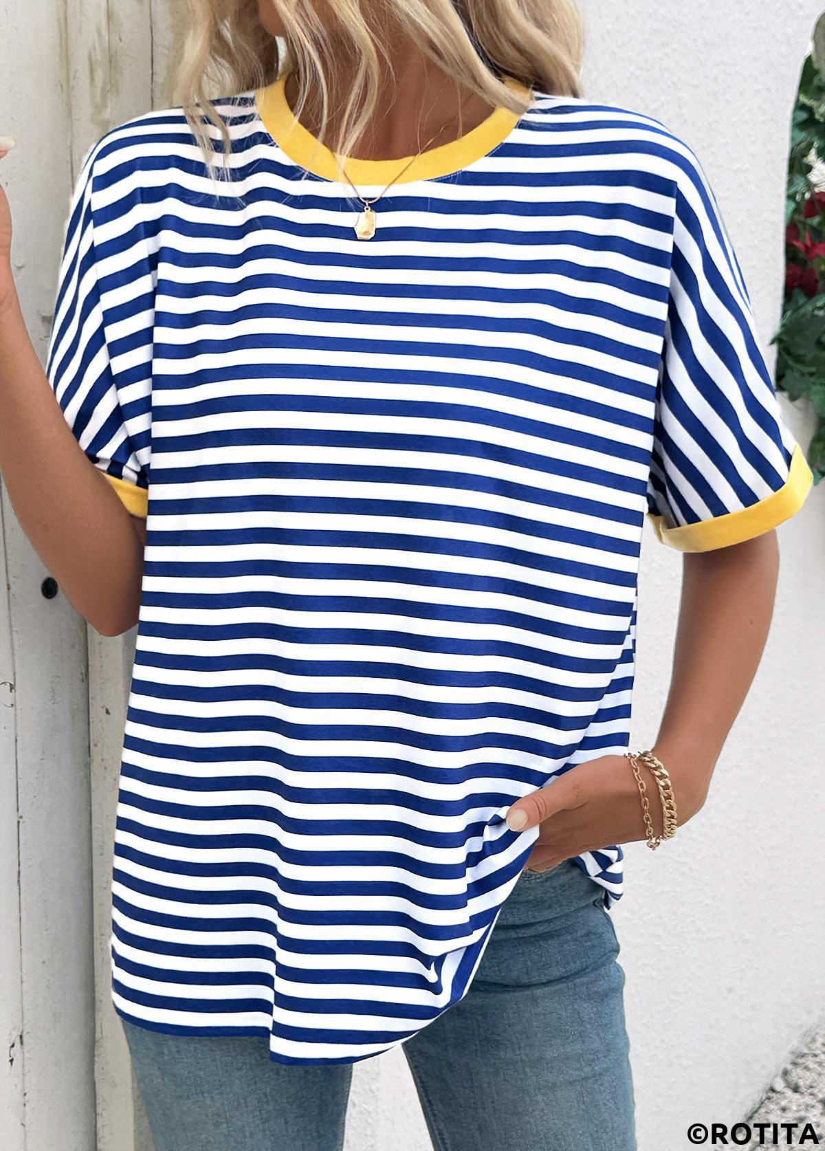 Blue tops,Striped tops,Geometric tops,ROTITA Striped Blue Round Neck Short Sleeve T Shirt