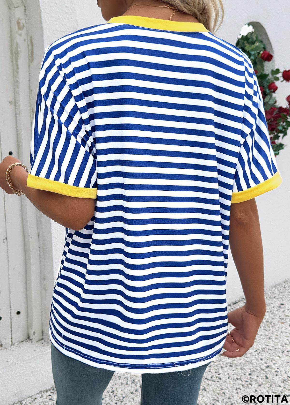 Blue tops,Striped tops,Geometric tops,ROTITA Striped Blue Round Neck Short Sleeve T Shirt
