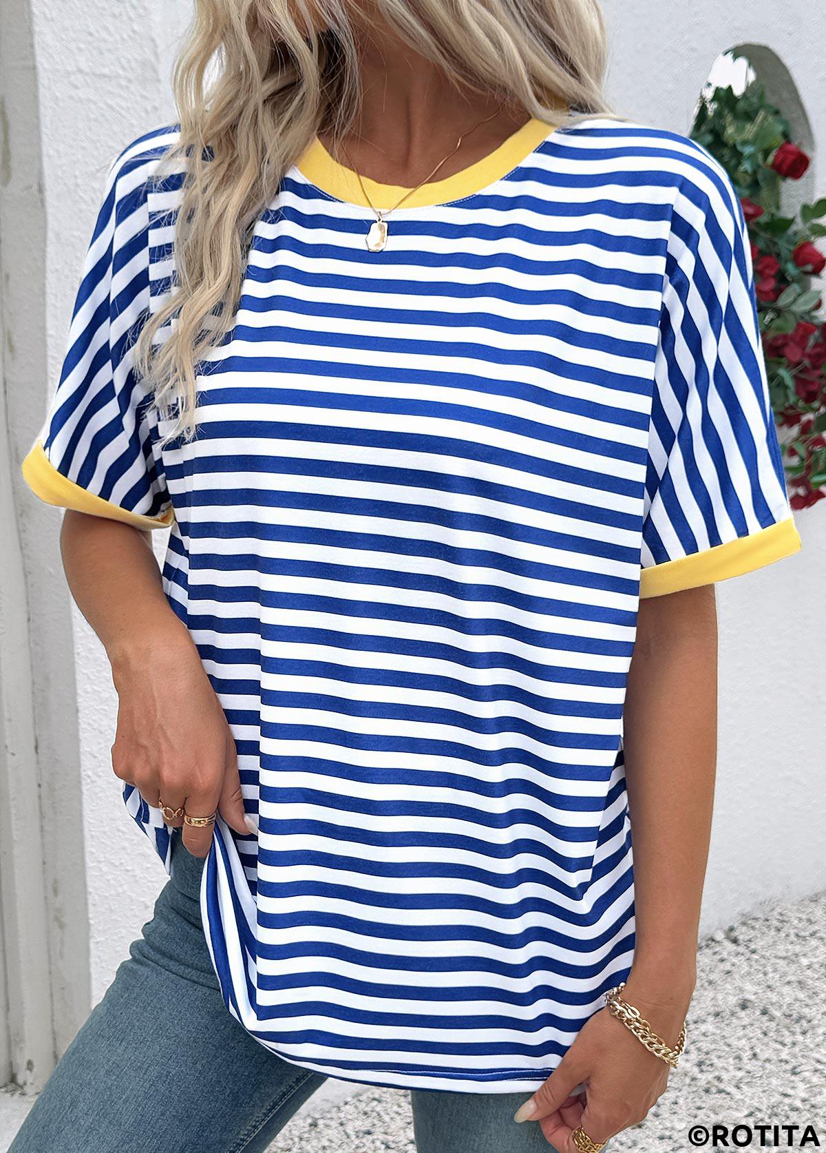 Blue tops,Striped tops,Geometric tops,ROTITA Striped Blue Round Neck Short Sleeve T Shirt