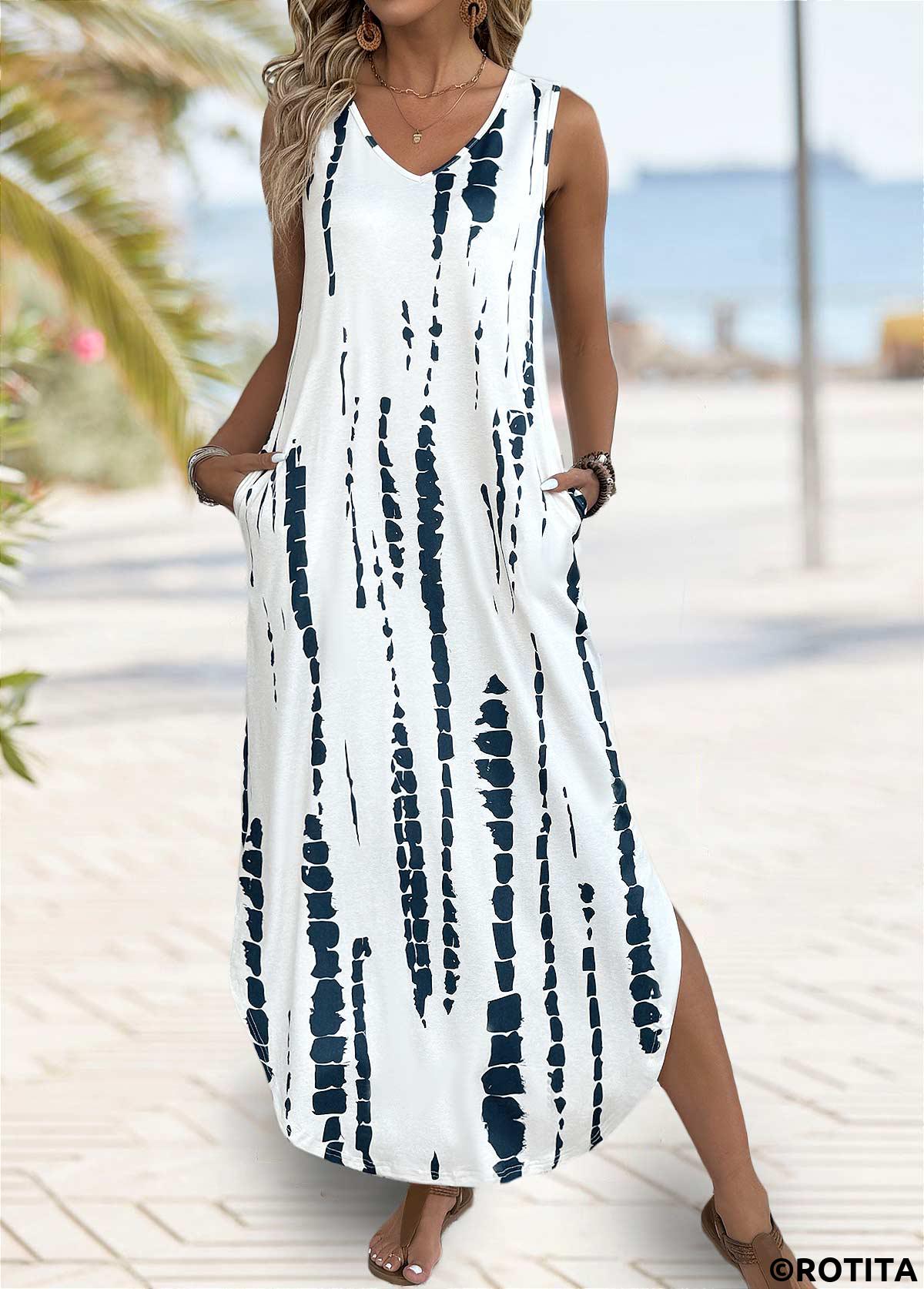 Beige dresses,Tie Dye dresses,Everyday dresses,Casual dresses,ROTITA Tie Dye Print Beige Maxi A Line Sleeveless Dress