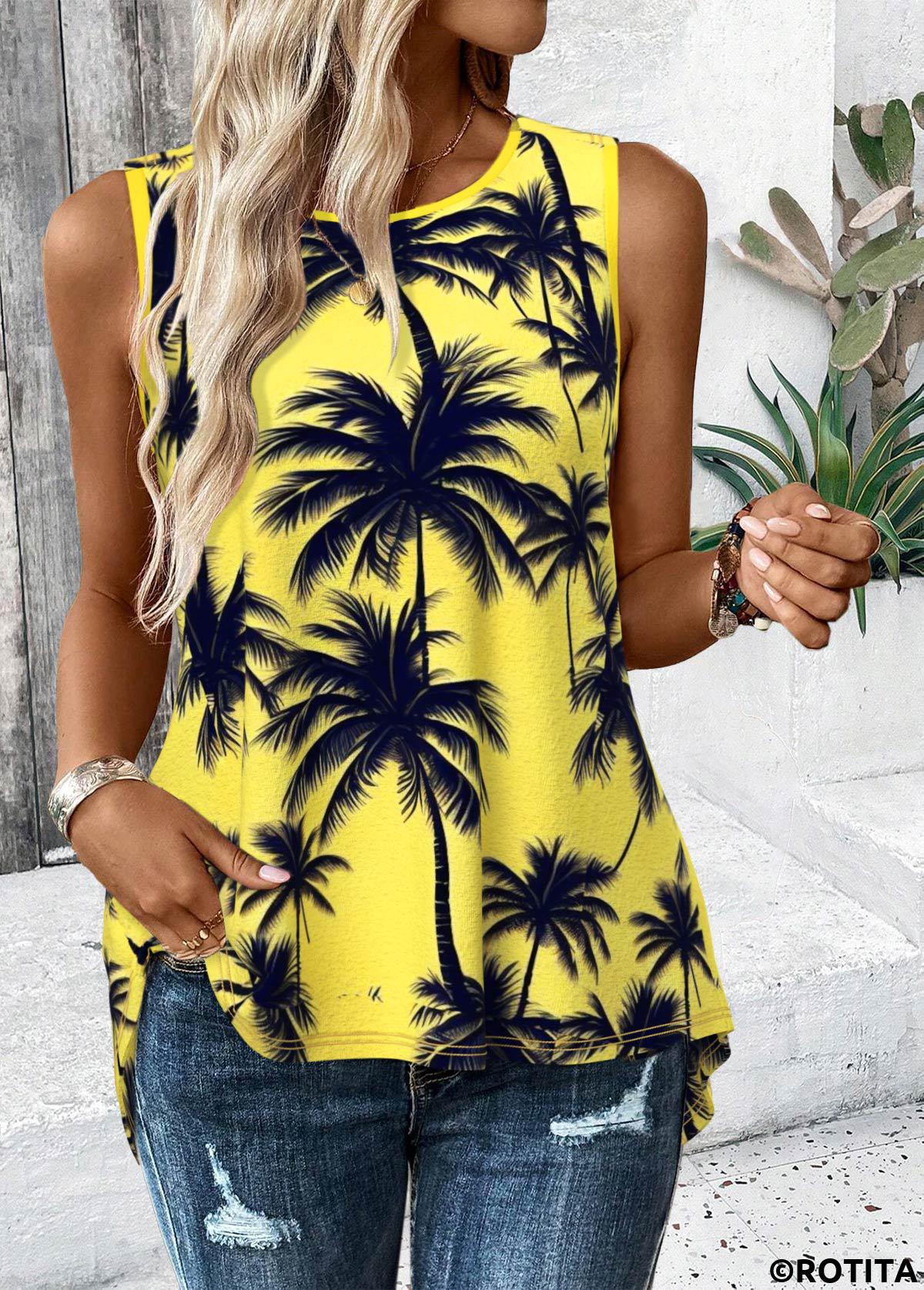 Neon Yellow tops,Plants tops,ROTITA Tropical Plants Print Neon Yellow Round Neck Tank Top