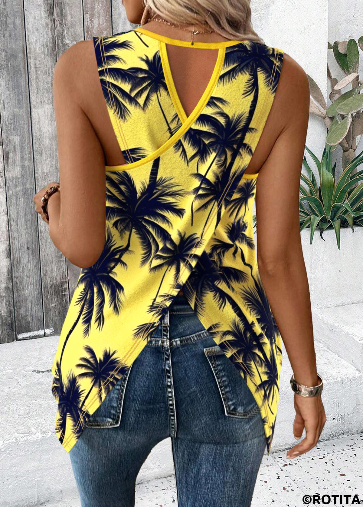 Neon Yellow tops,Plants tops,ROTITA Tropical Plants Print Neon Yellow Round Neck Tank Top