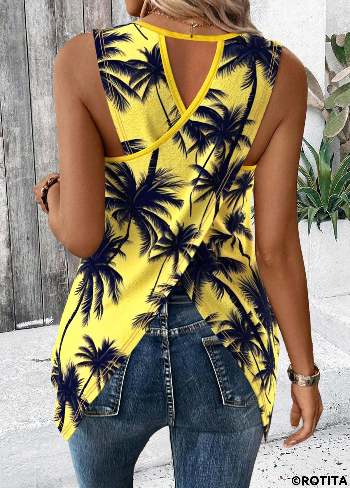 Neon Yellow tops,Plants tops,ROTITA Tropical Plants Print Neon Yellow Round Neck Tank Top
