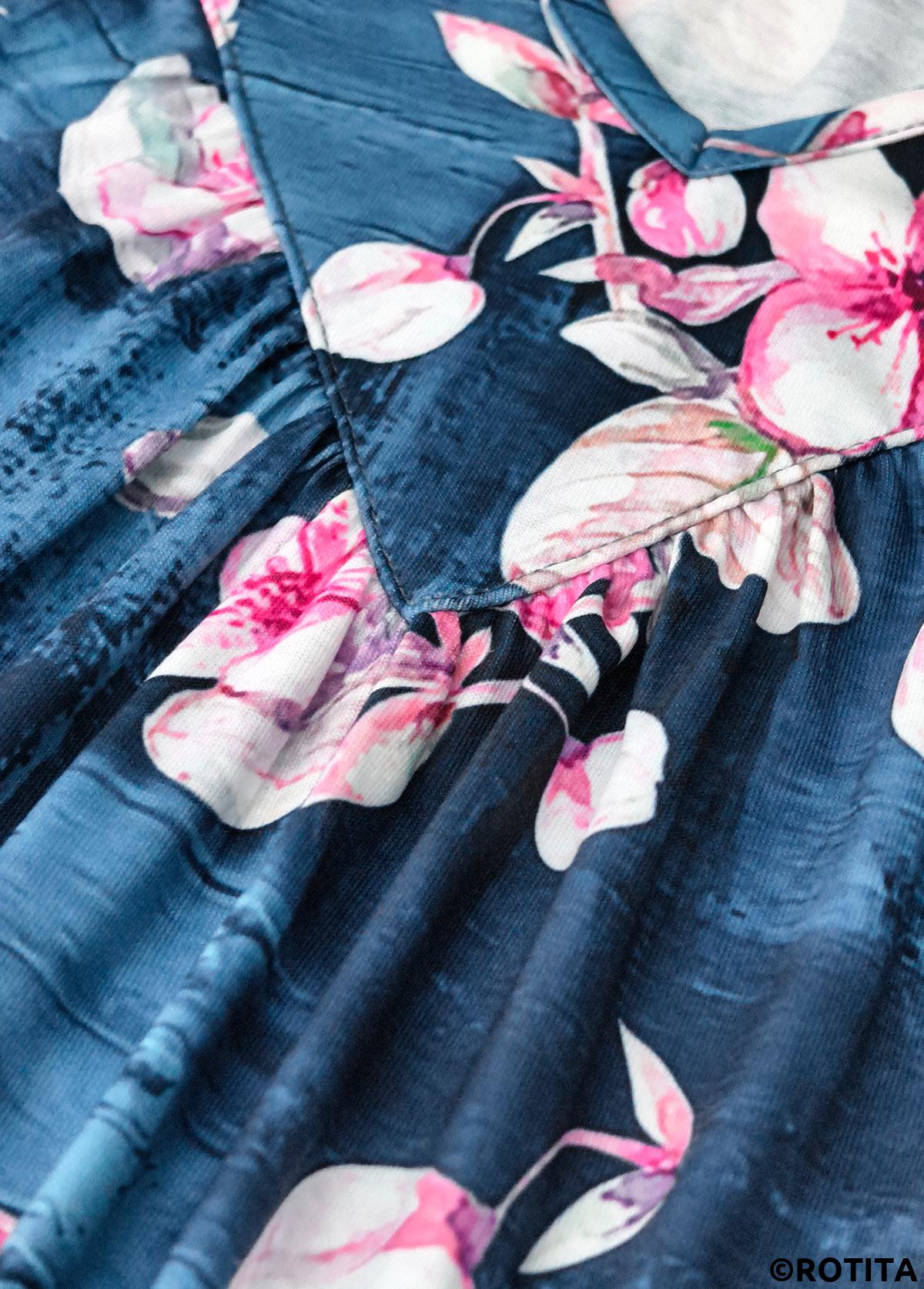 Denim Blue tops,Plants tops,Floral tops,ROTITA Random Floral Print Denim Blue V Neck Tank Top