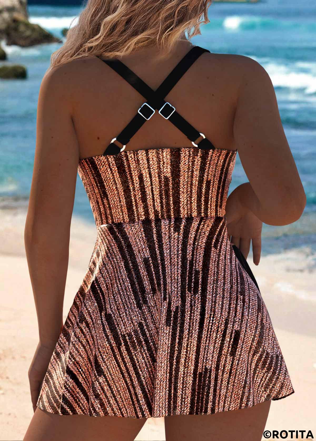 Rose Gold swimwear,Striped swimwear,Geometric swimwear,ROTITA Jacquard Rose Gold Striped One Piece Swimdress