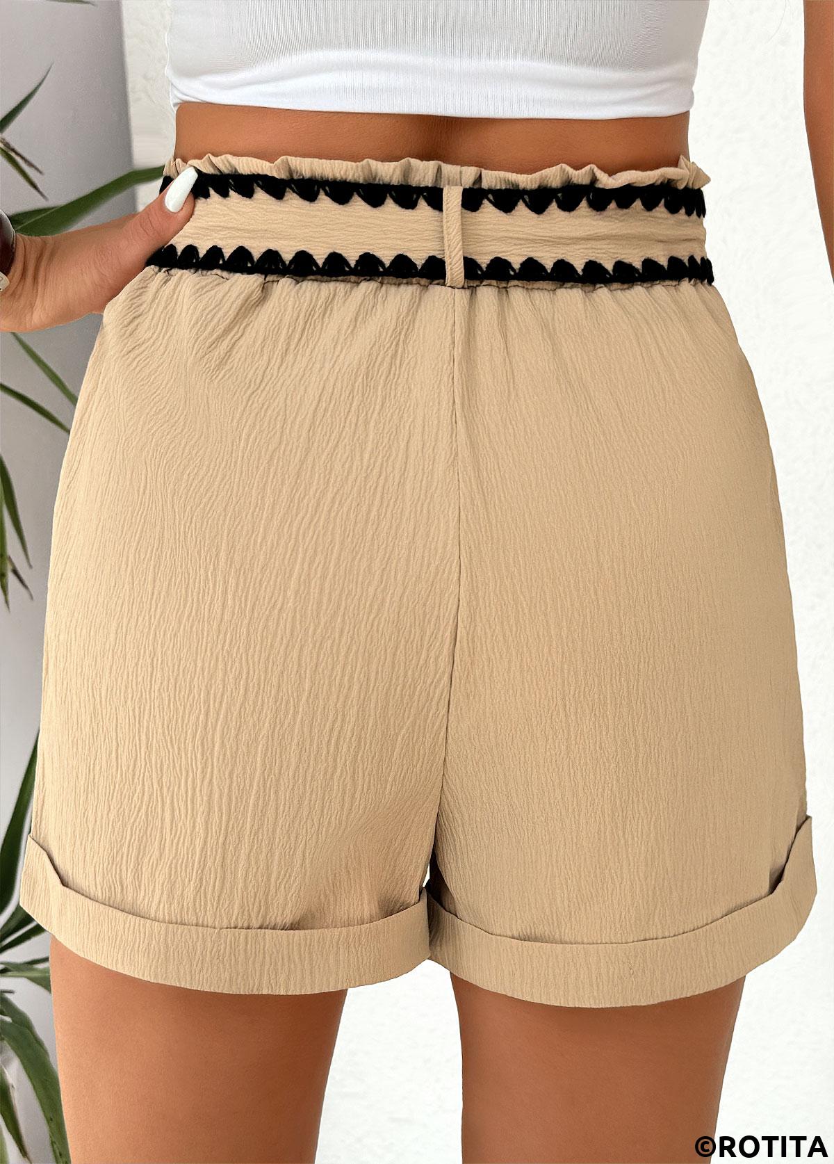 Light Coffee bottoms,Contrast Color bottoms,Light Coffee Elastic Waist High Waisted Shorts