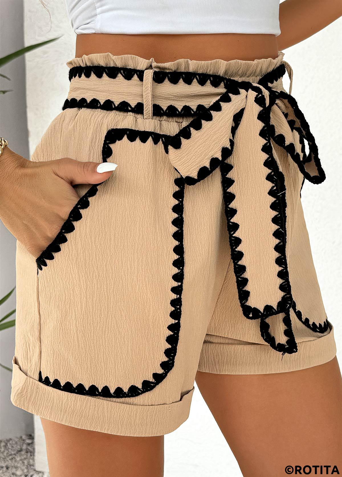 Light Coffee bottoms,Contrast Color bottoms,Light Coffee Elastic Waist High Waisted Shorts