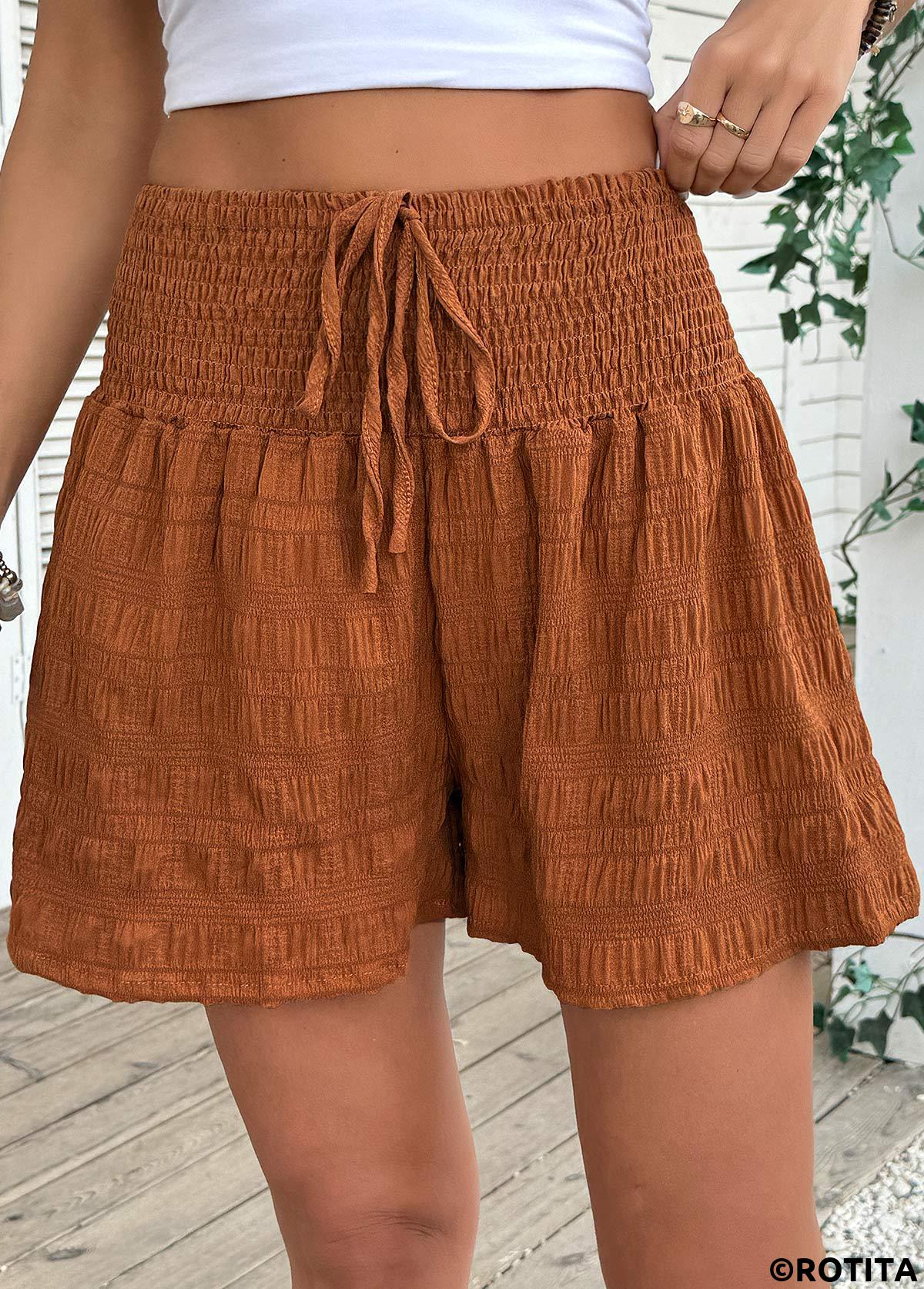 Terracotta bottoms,Plain Color bottoms,Terracotta Wide Leg Elastic Waist High Waisted Shorts