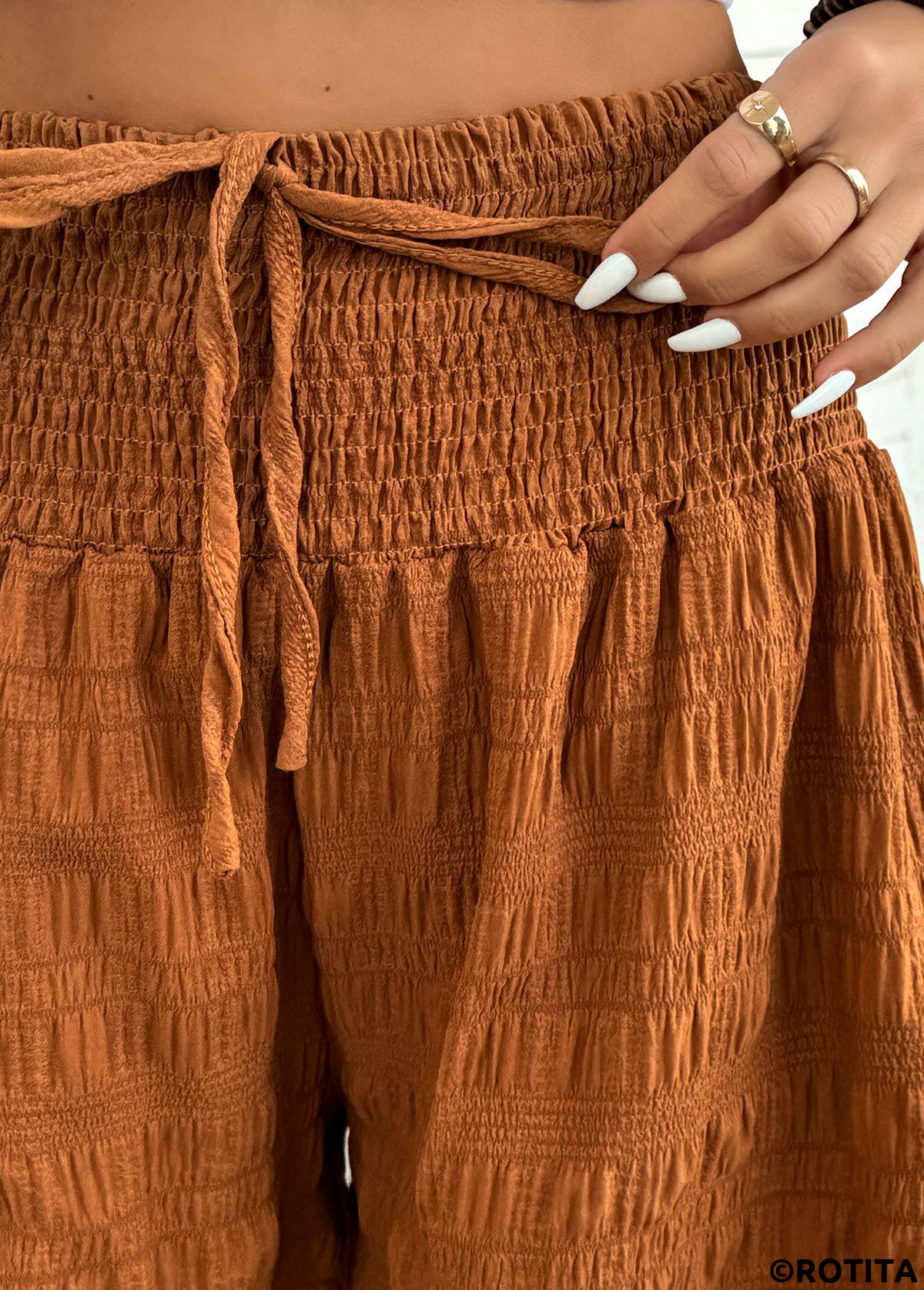 Terracotta bottoms,Plain Color bottoms,Terracotta Wide Leg Elastic Waist High Waisted Shorts