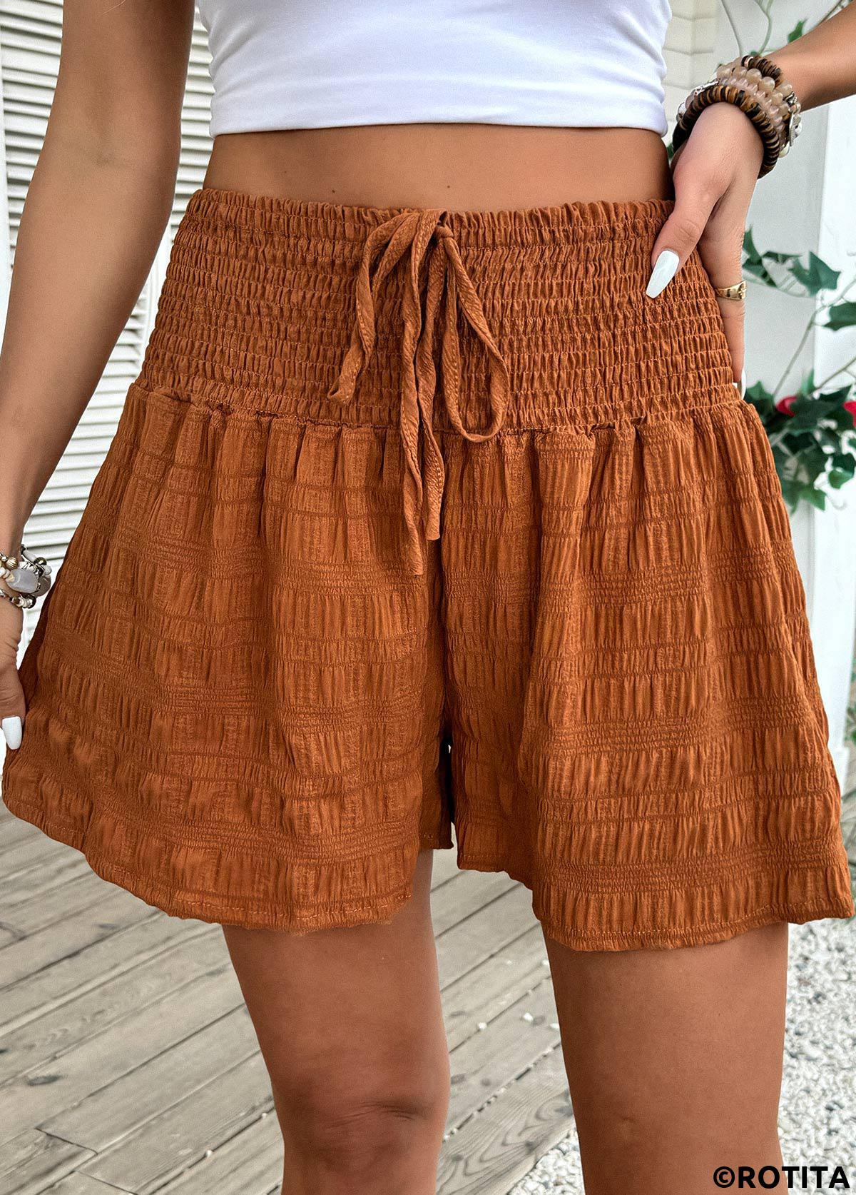 Terracotta bottoms,Plain Color bottoms,Terracotta Wide Leg Elastic Waist High Waisted Shorts