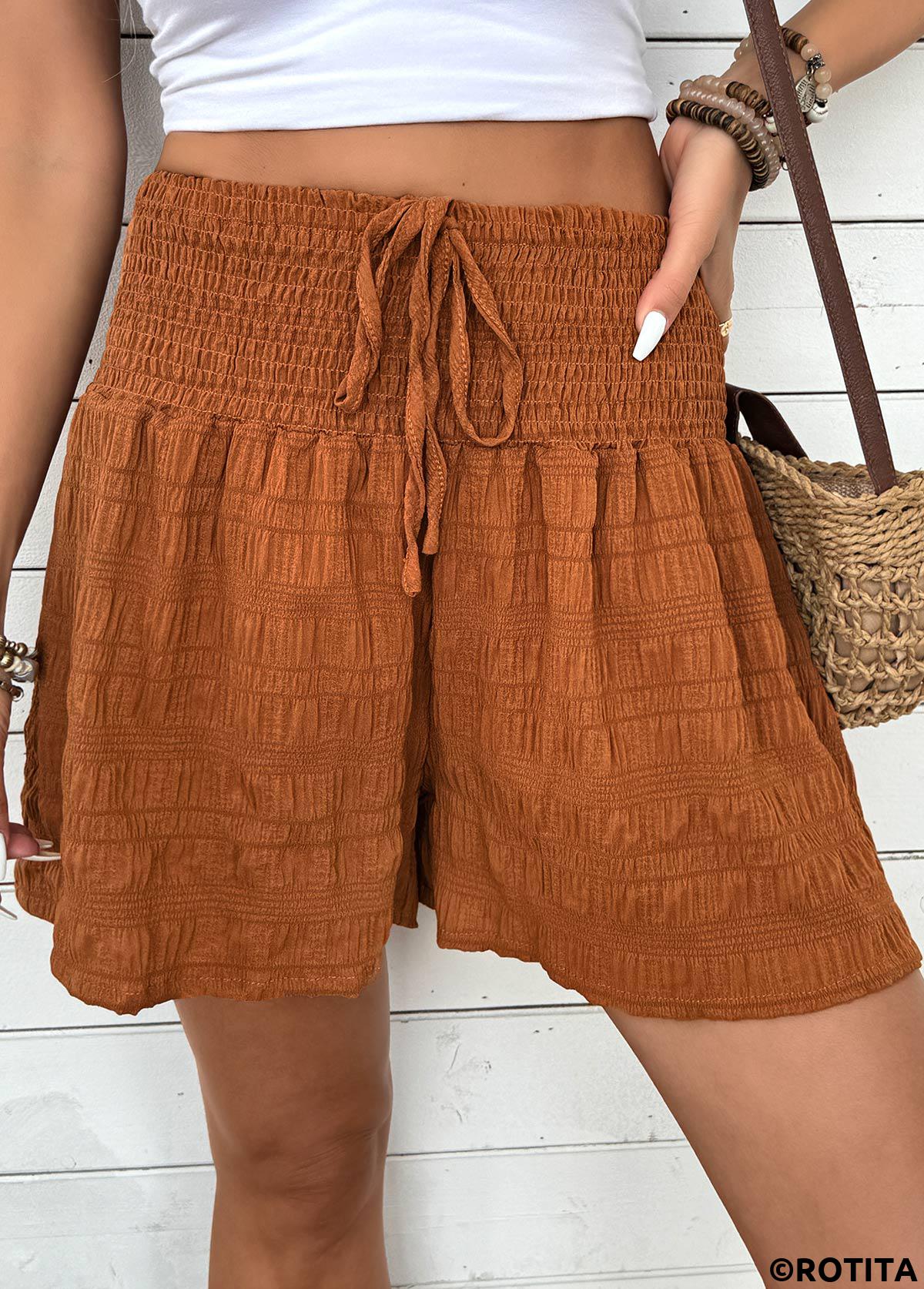 Terracotta bottoms,Plain Color bottoms,Terracotta Wide Leg Elastic Waist High Waisted Shorts
