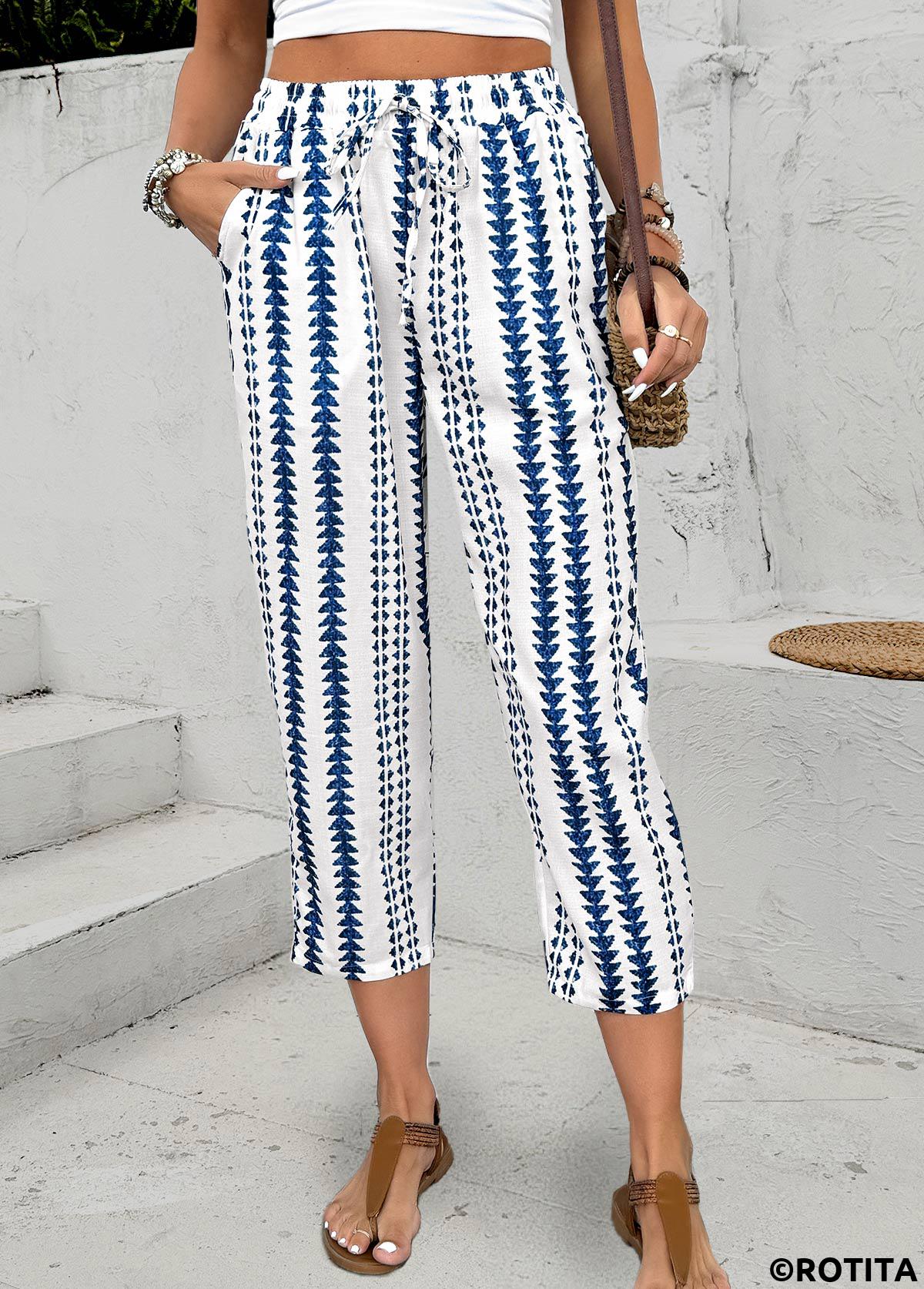 Navy bottoms,Geometric bottoms,Geometric Print Navy Elastic Waist High Waisted Pants