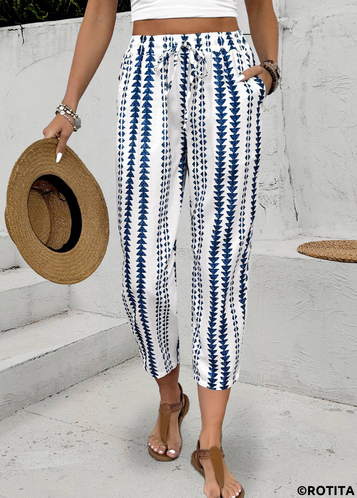 Navy bottoms,Geometric bottoms,Geometric Print Navy Elastic Waist High Waisted Pants