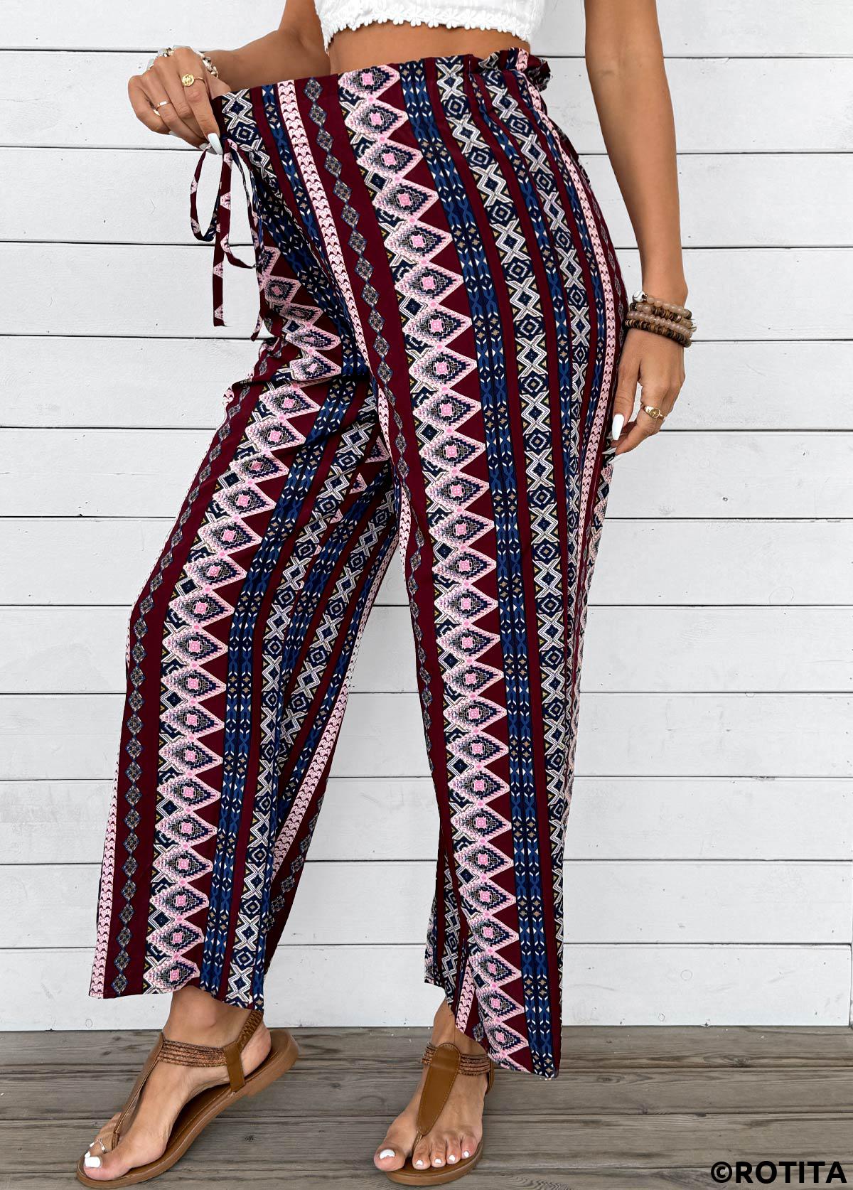 Dark Coffee bottoms,Geometric bottoms,Geometric Print Dark Coffee Wide Leg Elastic Waist Pants