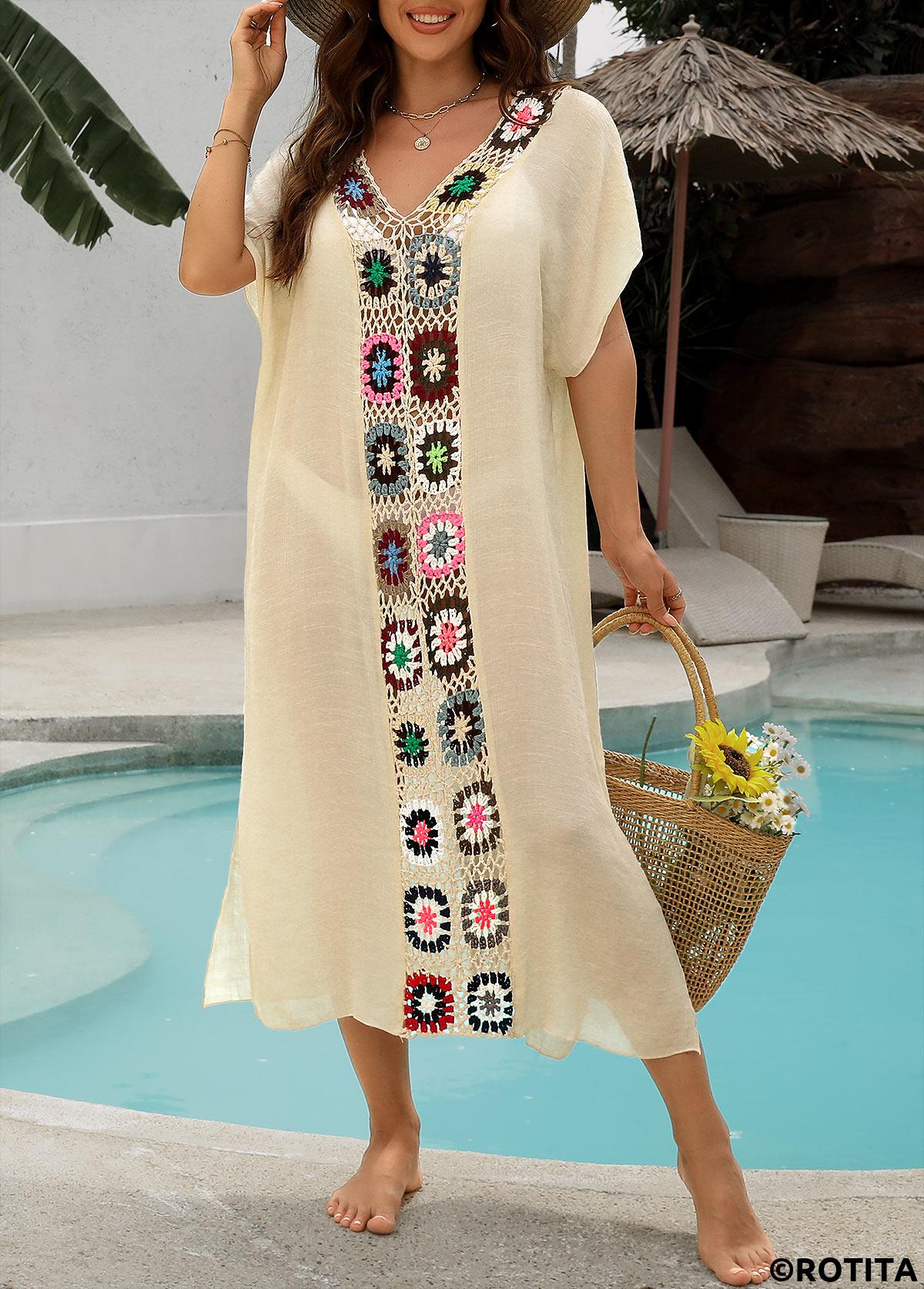 Beige swimwear,Plain Color swimwear,Beige Color Patchwork Detail Cover Up