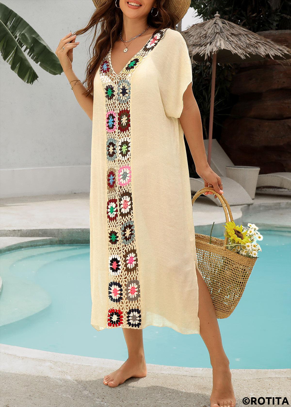 Beige swimwear,Plain Color swimwear,Beige Color Patchwork Detail Cover Up