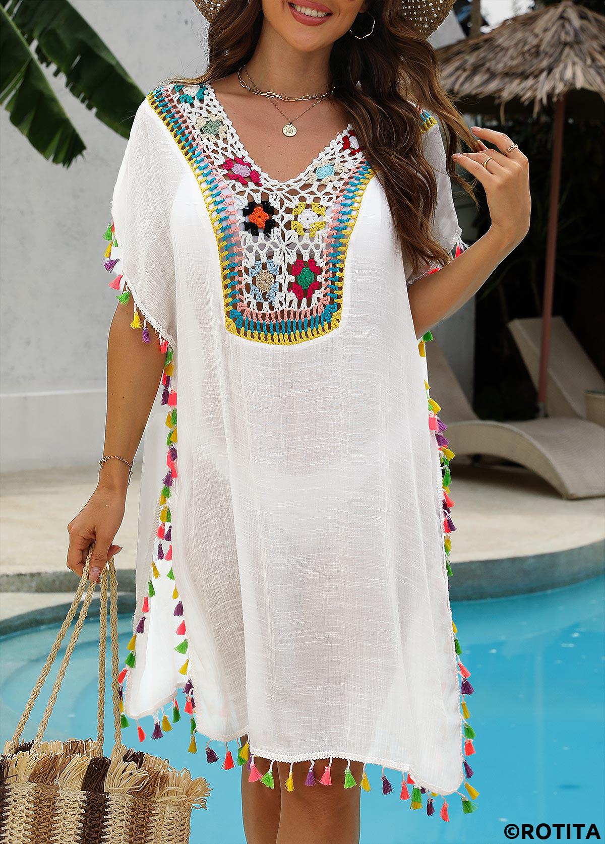 White swimwear,Plain Color swimwear,White Color Patchwork V Neck Cover Up