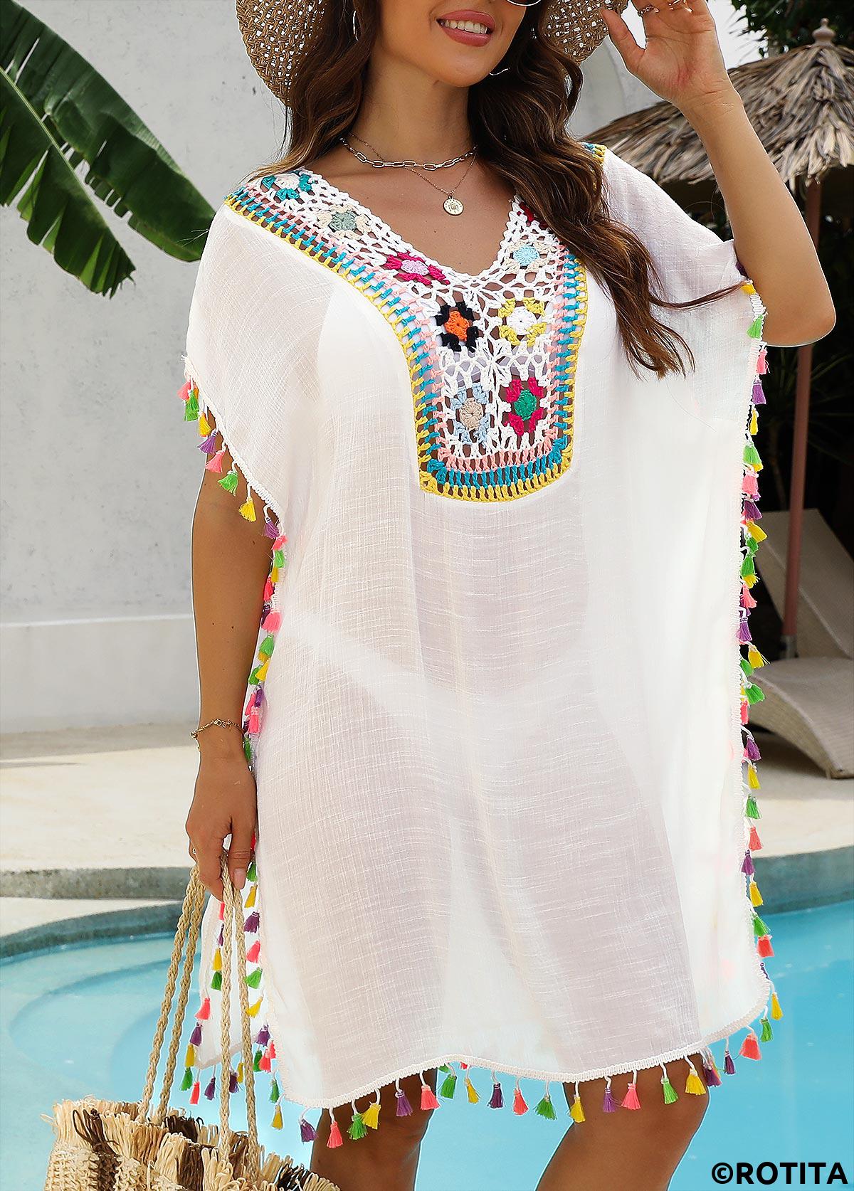 White swimwear,Plain Color swimwear,White Color Patchwork V Neck Cover Up