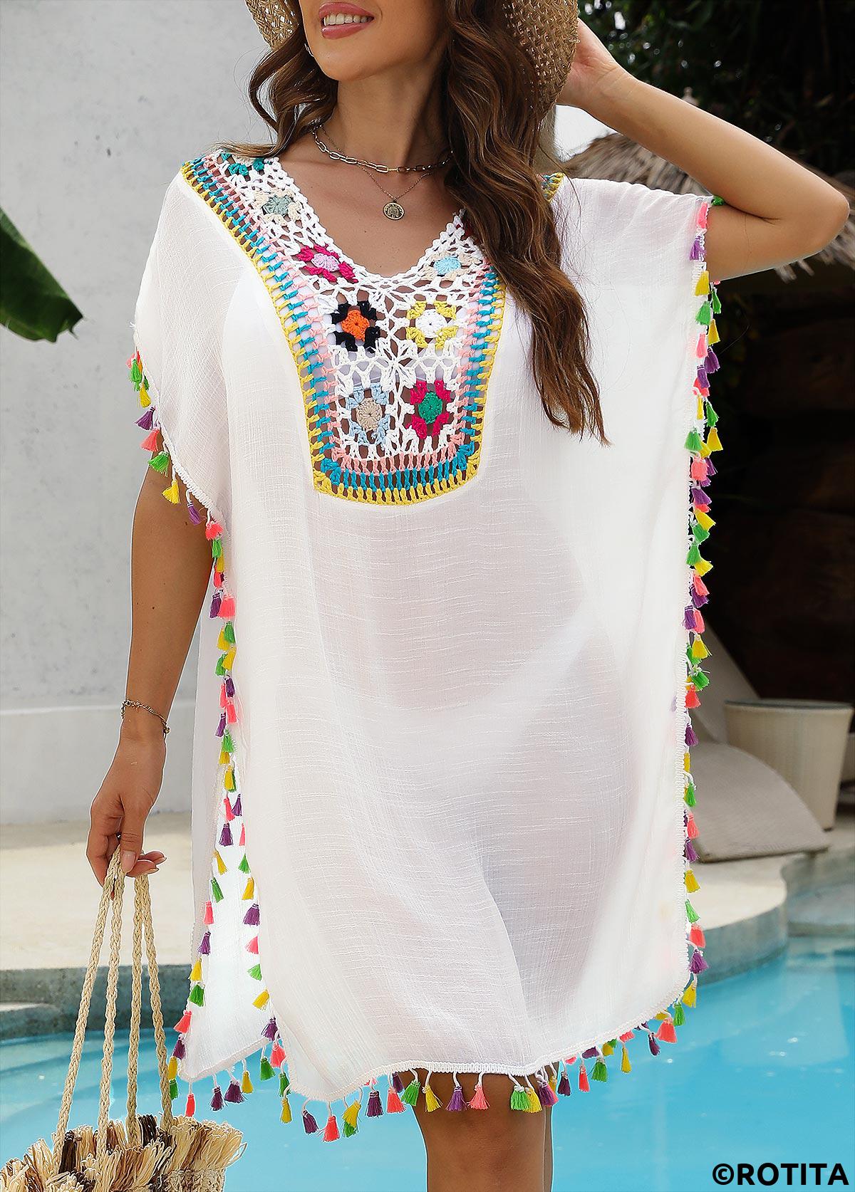 White swimwear,Plain Color swimwear,White Color Patchwork V Neck Cover Up