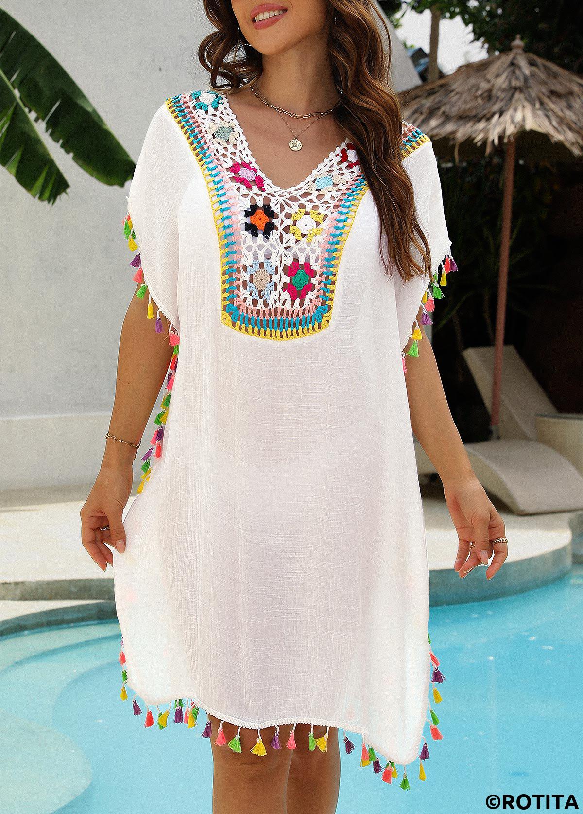 White swimwear,Plain Color swimwear,White Color Patchwork V Neck Cover Up