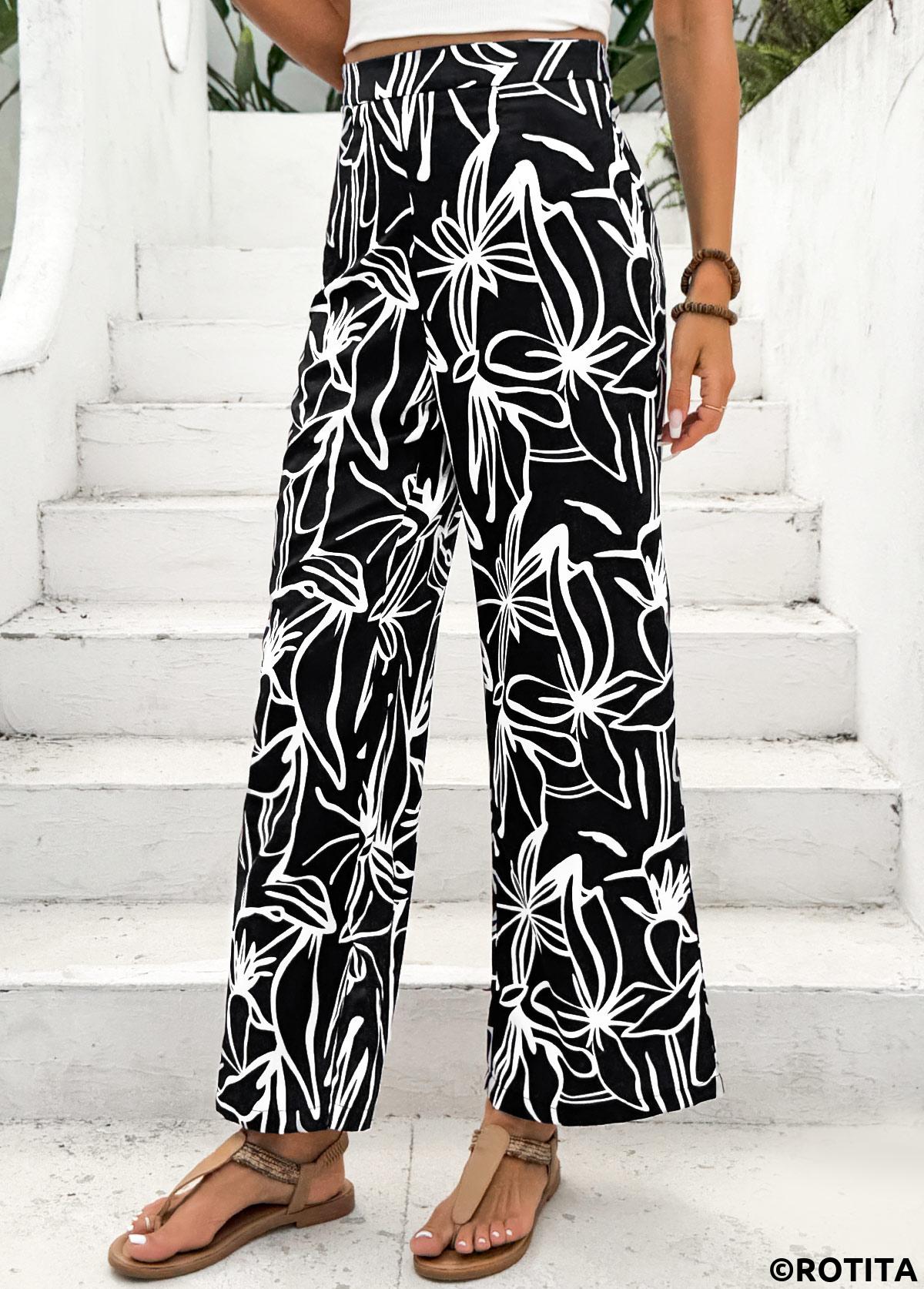 Black bottoms,Plants bottoms,Floral bottoms,Random Floral Print Black Straight Leg Elastic Waist Pants
