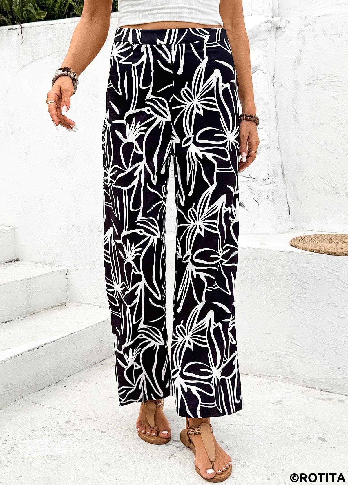 Black bottoms,Plants bottoms,Floral bottoms,Random Floral Print Black Straight Leg Elastic Waist Pants