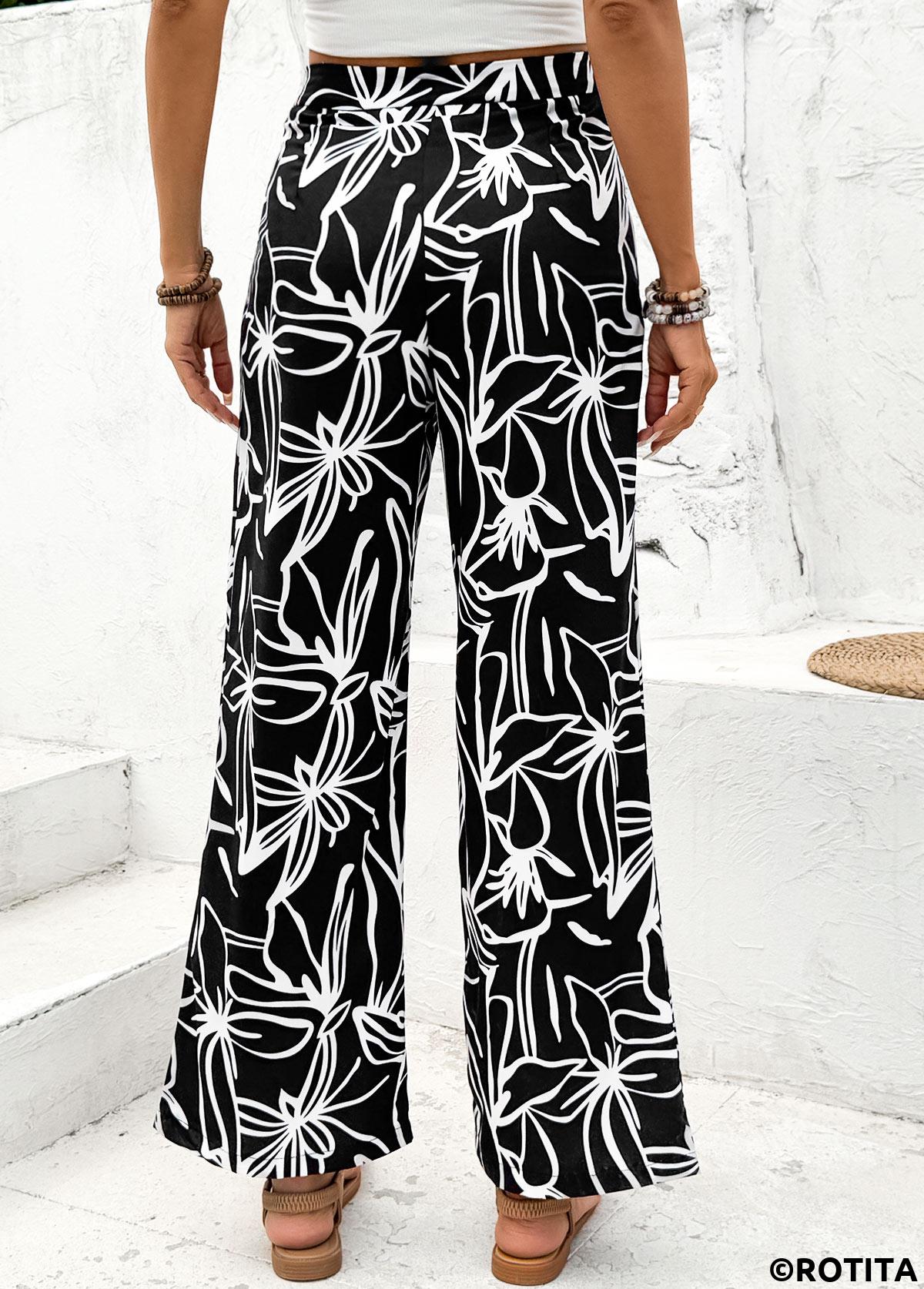 Black bottoms,Plants bottoms,Floral bottoms,Random Floral Print Black Straight Leg Elastic Waist Pants