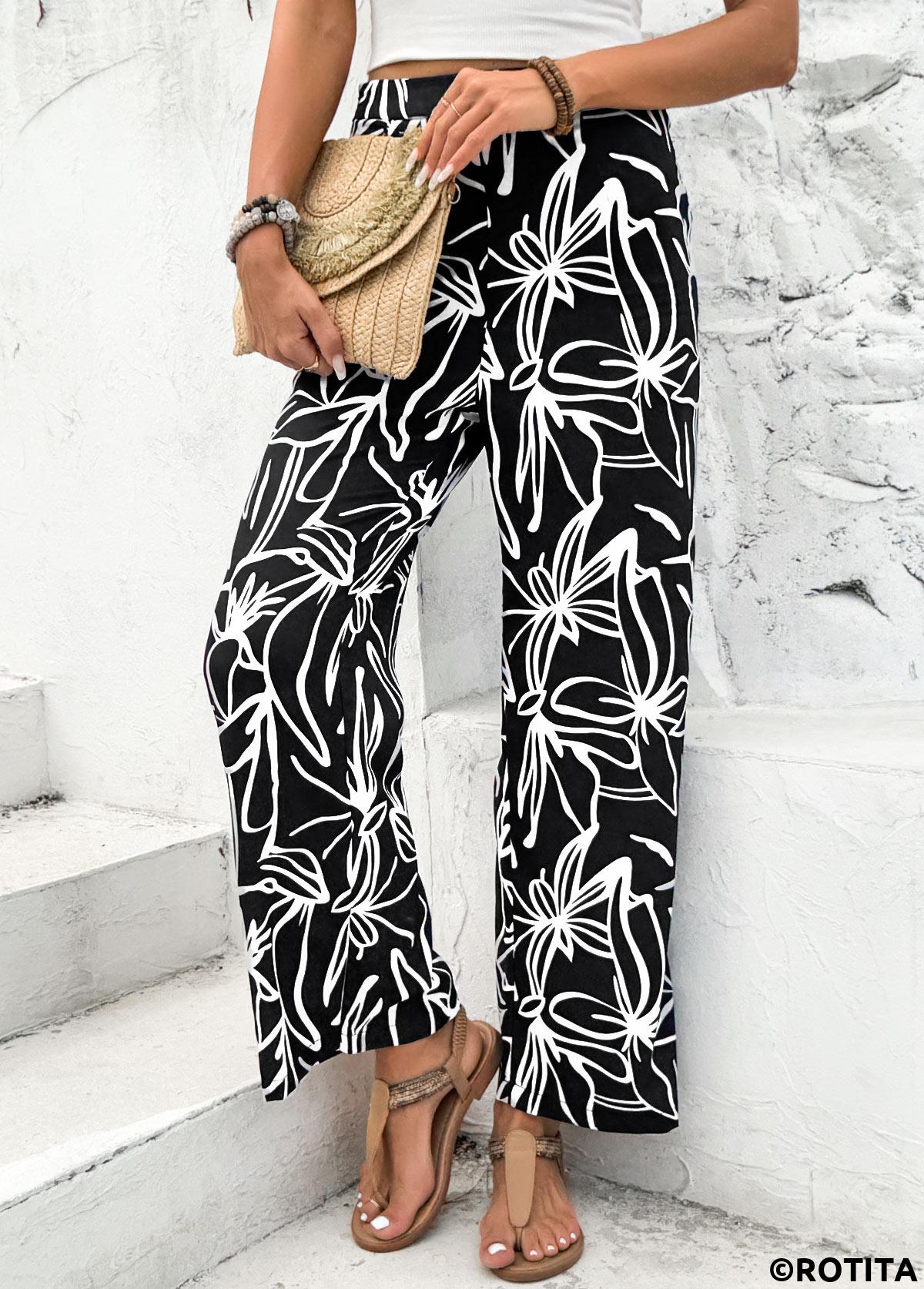Black bottoms,Plants bottoms,Floral bottoms,Random Floral Print Black Straight Leg Elastic Waist Pants