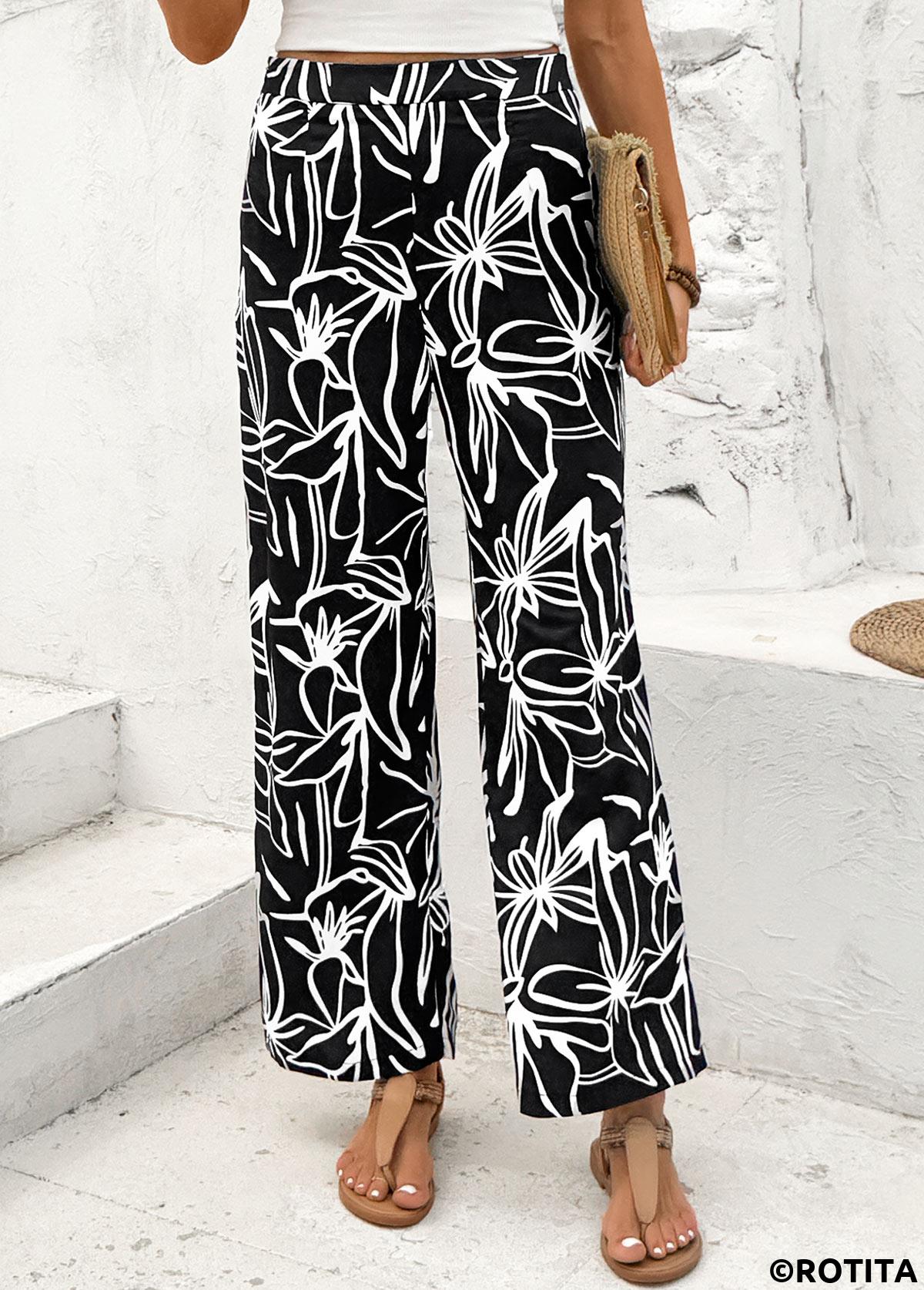 Black bottoms,Plants bottoms,Floral bottoms,Random Floral Print Black Straight Leg Elastic Waist Pants